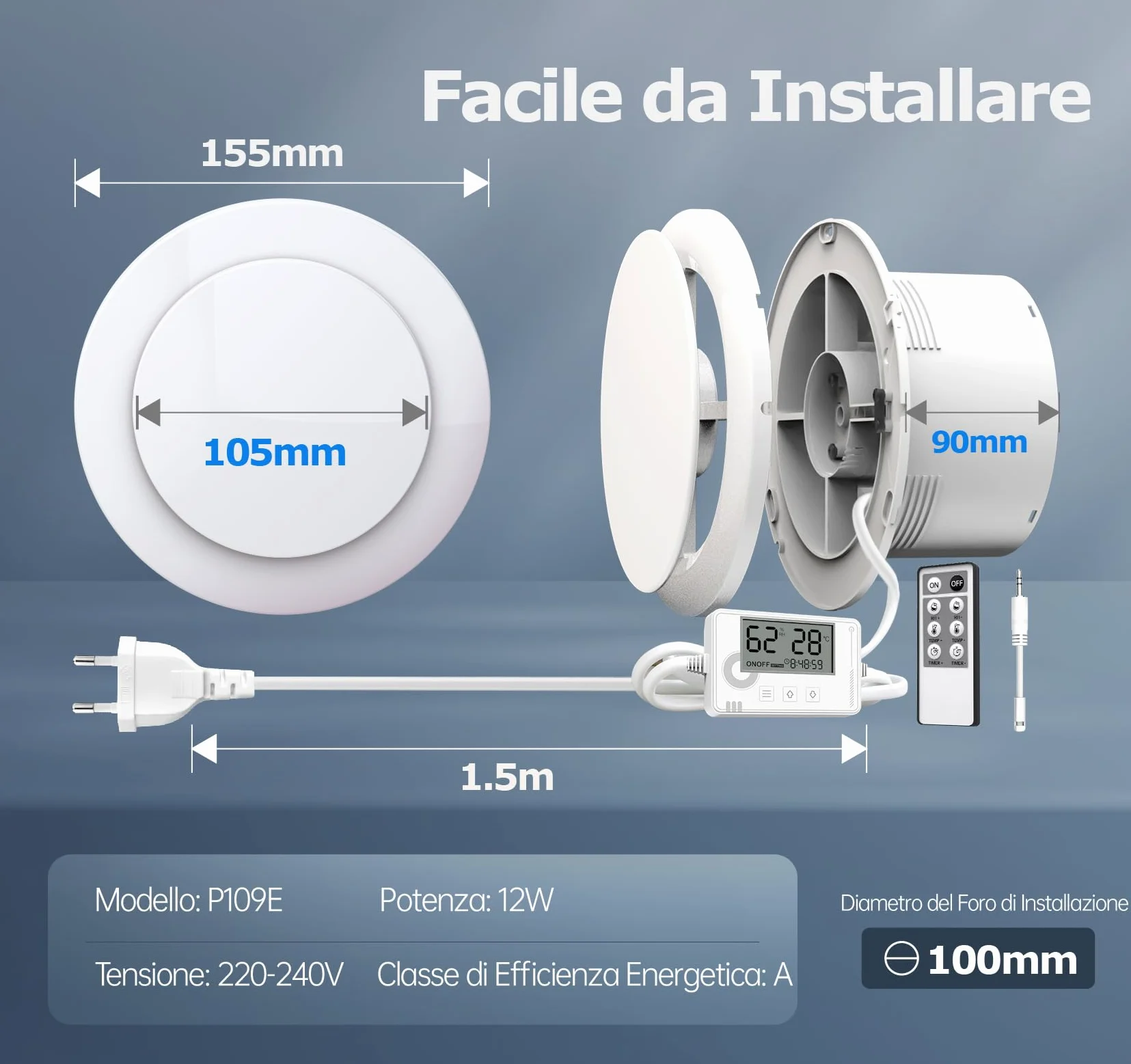 Aspiratore Bagno 100mm con Sensore di Umidità, Temperatura e Timer, Display Temperatura e Umidità in Tempo Reale Estrattore Aria Silenzioso, Ventola Spirazione Ventilatore con Telecomando
