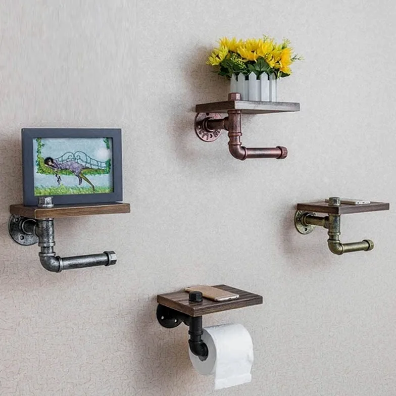 Portarotolo da parete industriale con ripiano in legno, accessorio da bagno rustico per risparmiare spazio