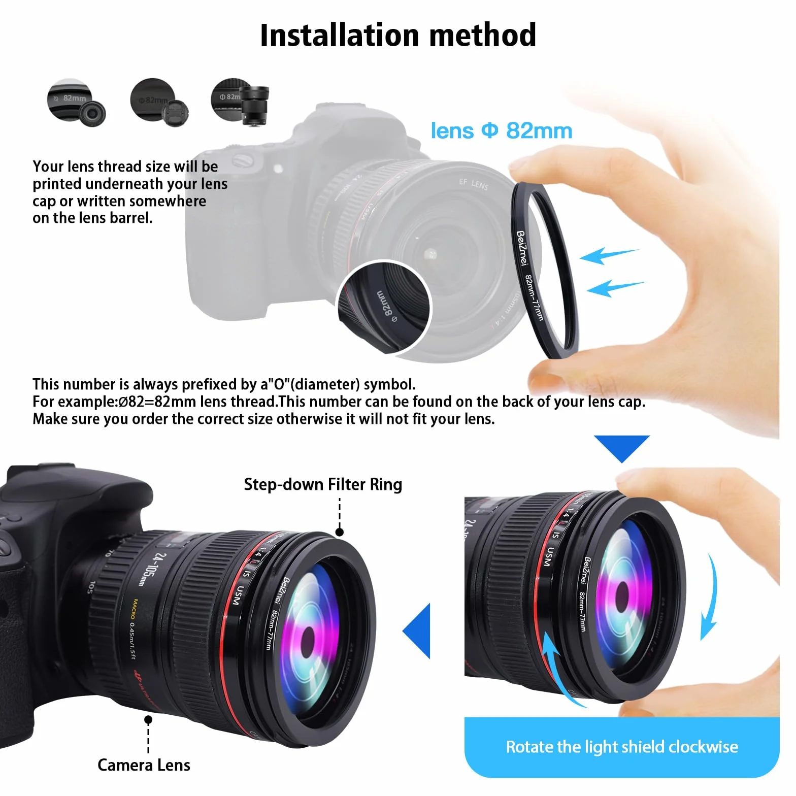 82mm a 77mm Anelli Adattatore Filtro Lente Compatibile con tutte 82mm le Obiettivo a 77mm UV ND CPL filtro,82mm lens to 77mm Filtro Ring