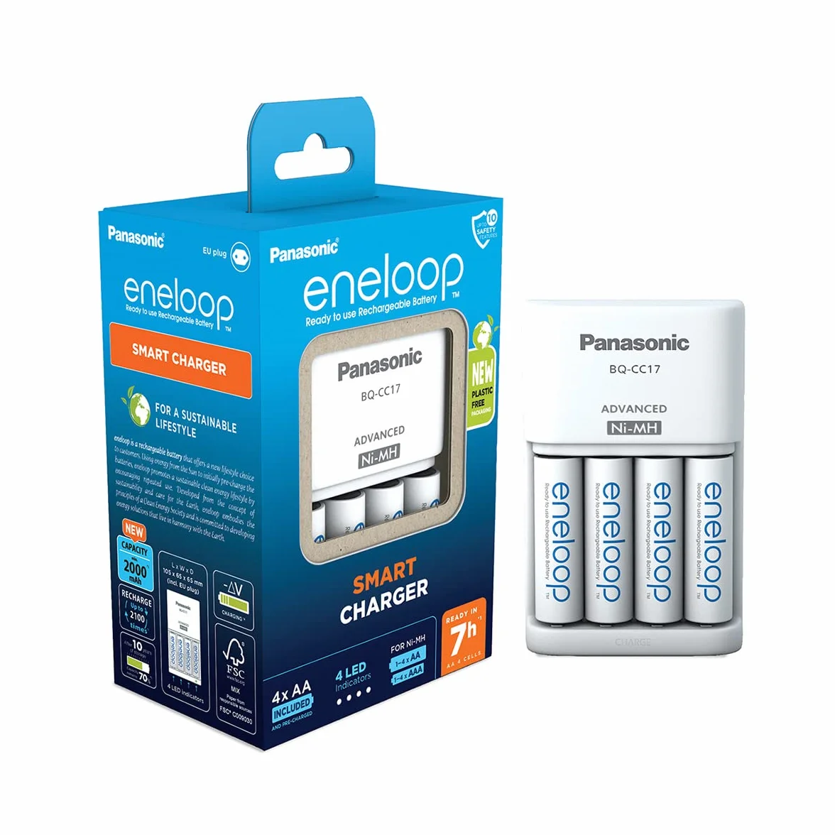 eneloop Caricabatterie Smart per Batterie AA/AAA Ni-MH, Include 4 Batterie AA 2000 mAh, 100-240V, Ricarica in 7 Ore