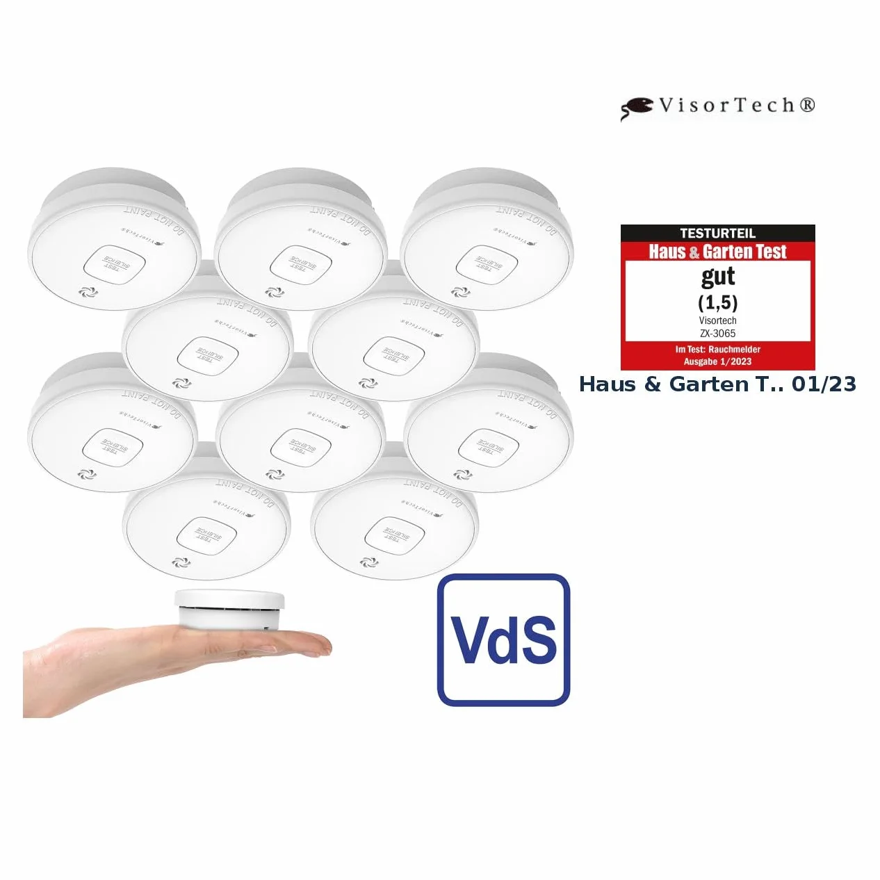 VisorTech Set da 10 rilevatori di fumo fotoelettrici RWM-390 con batteria al litio 10 anni, 85 dB, certificati VdS