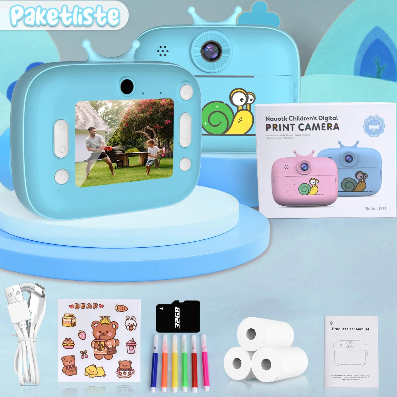 Macchina Fotocamera Istantanea per Bambini, Nauotk 2,4 Pollici Fotocamera Digitale con 32GB TF Scheda, Carta Fotografica per Stampa e Penne Colorate per DIY, Regalo di Natale per Bambini 3-14 anni