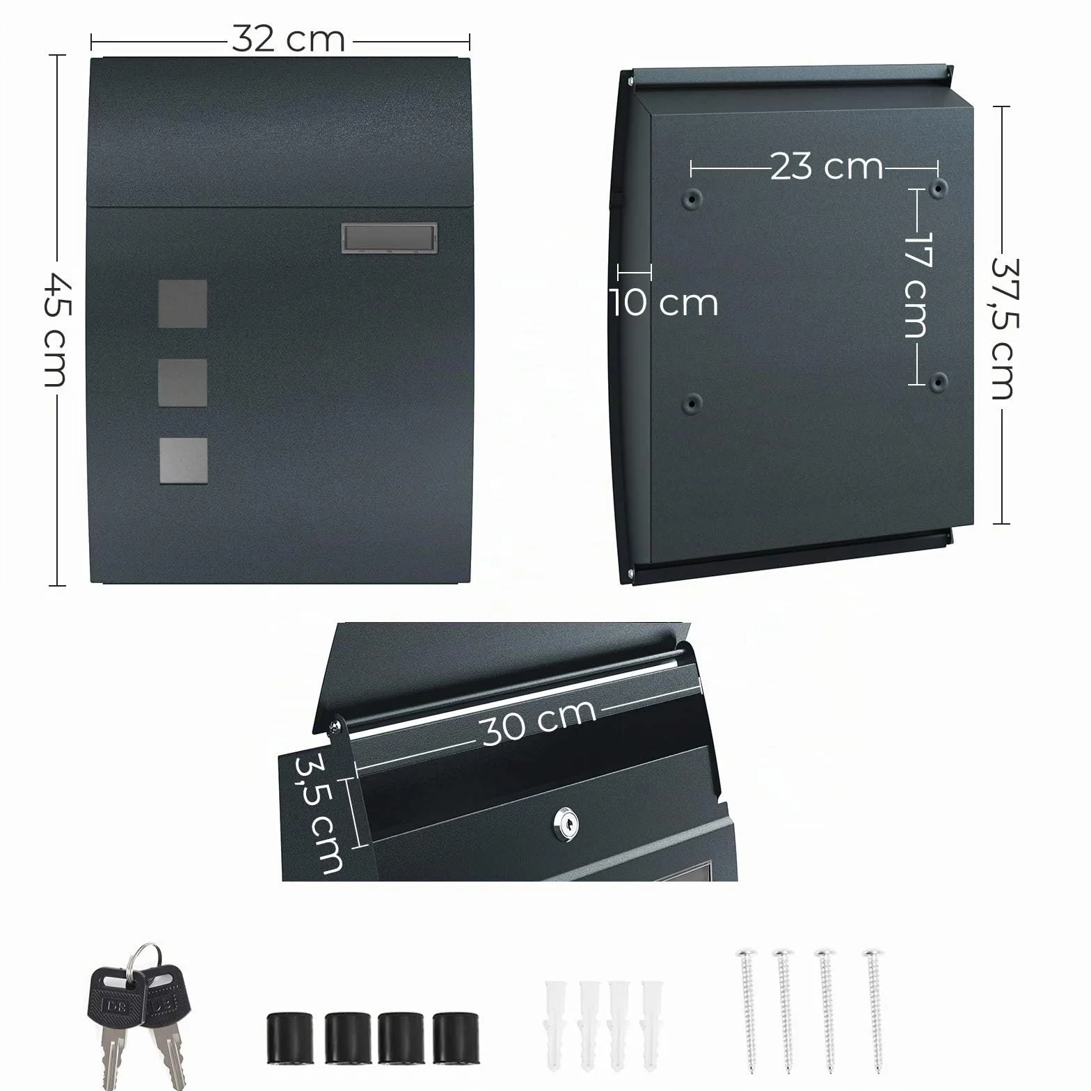 SONGMICS Cassetta postale da parete grigio antracite con finestre slot per nome 2 chiavi GMB030G02