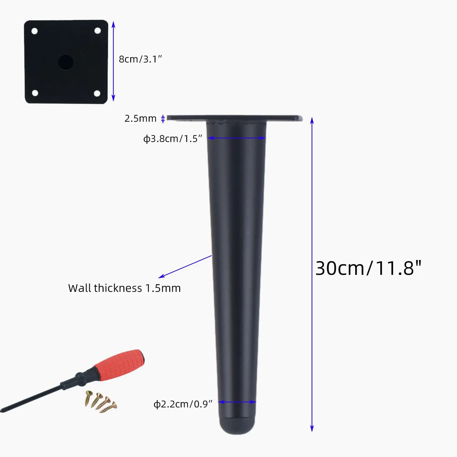 Generico Gambe per Mobili Piedini per Tavolo in Metallo da 30 cm 4 Pezzi Supporto in Acciaio Inox Nero Vernice Spray Piedini per Divano Altezza: 15-30 cm Piedini per Mobile da 30 cm/11,8"