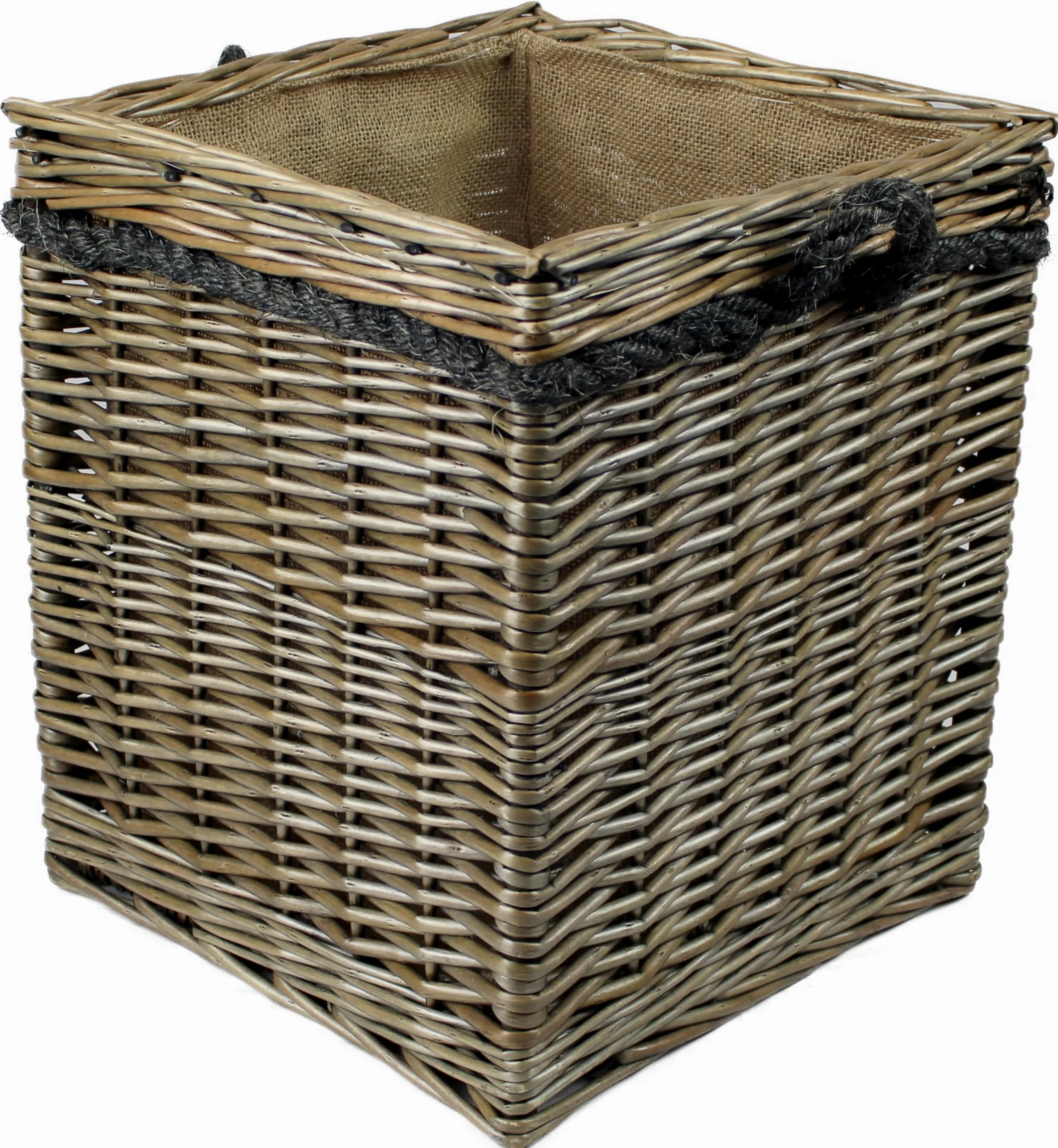 Grande cesto per legna in vimini grigio anticato, manici in corda, contenitore per legna e legna per camino, o scarpe, giocattoli, biancheria (35 litri, quadrato)