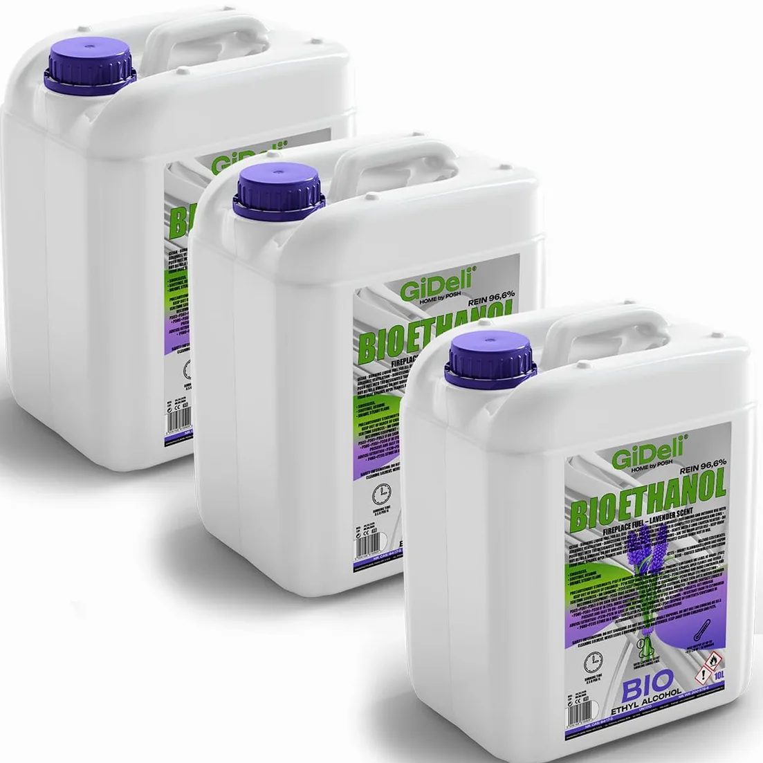 GiDeli Bioetanolo, 3 x 10 l, profumo di lavanda, 96,6% etanolo, per camini interni ed esterni, senza fumo e fuliggine, da mais e barbabietola da zucchero