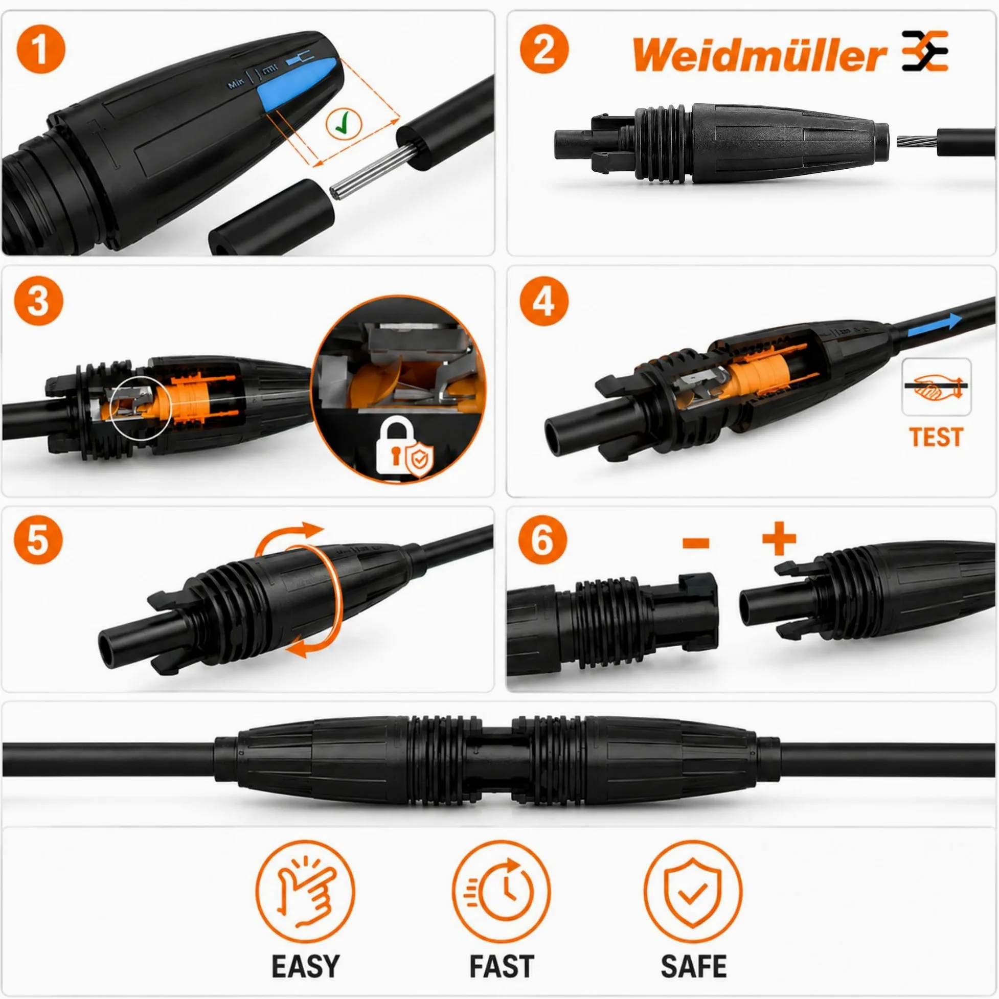 Weidmüller Set di 5 Connettori Fotovoltaici Snap In per Cavi 4-6 mm² | Spina solare per 1.500 V DC, montaggio senza attrezzi né crimpatura, conforme IEC 62852, ideale per impianti solari