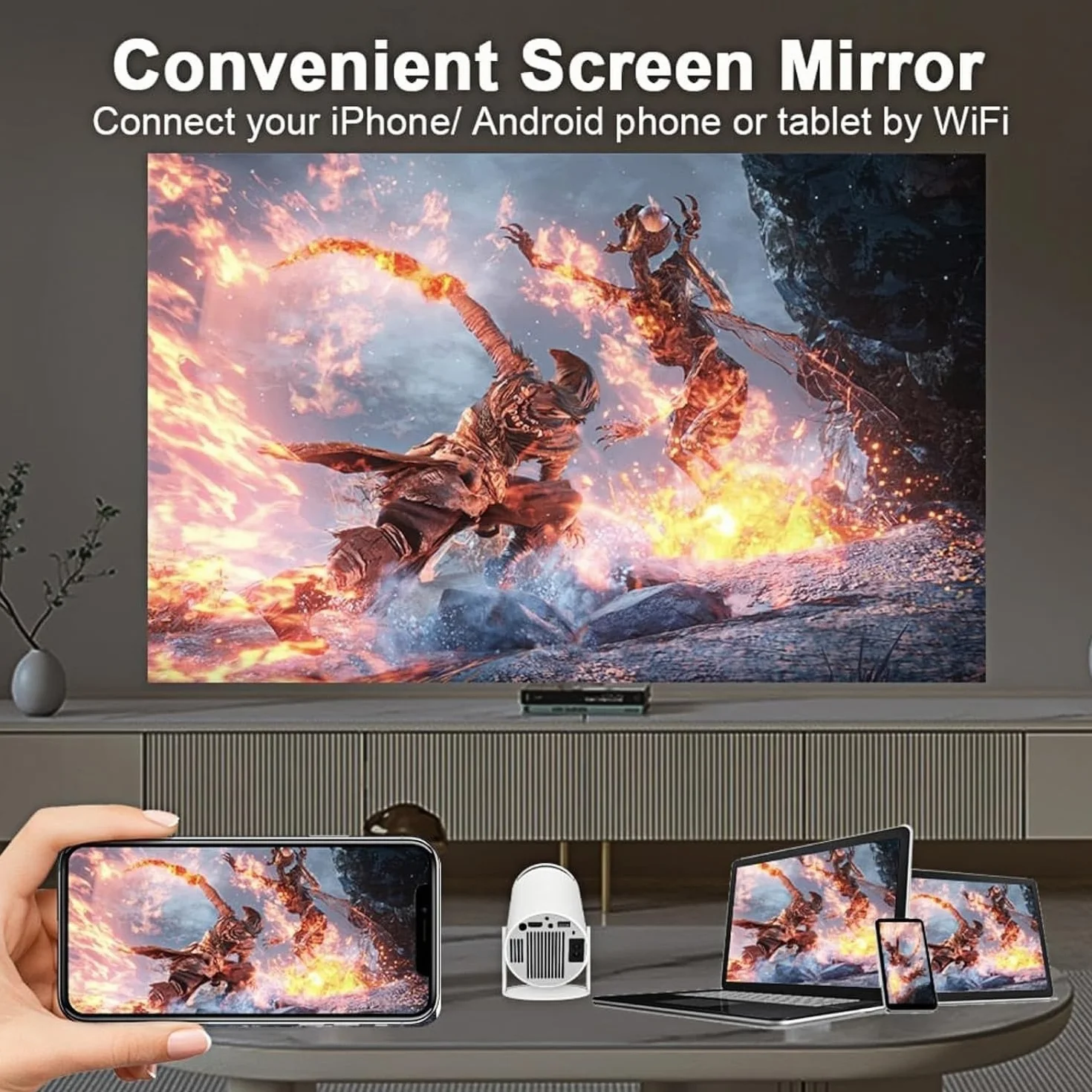 Mini proiettore Intelligente da 210°, proiettore di Film Intelligente 4K, Altoparlante Integrato, WiFi e Bluetooth, Oltre 20 Scene di finestre, for Camera da Letto o Soggiorno