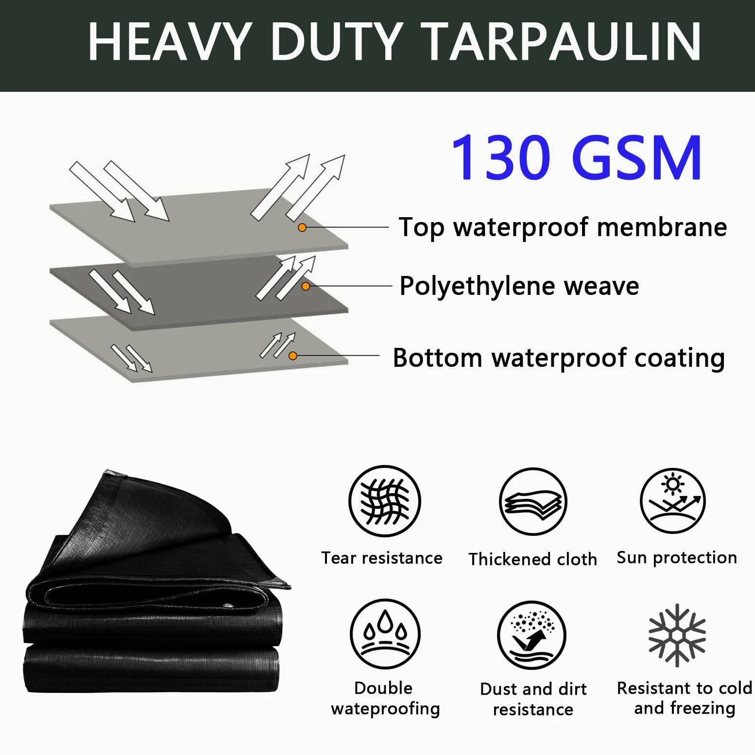 Heavy-Du - Telone impermeabile 220 x 260 cm, in resina resistente agli strappi, per legno, piscina, tupolini, auto, protezione UV contro sole, pioggia, raggio, colore: nero