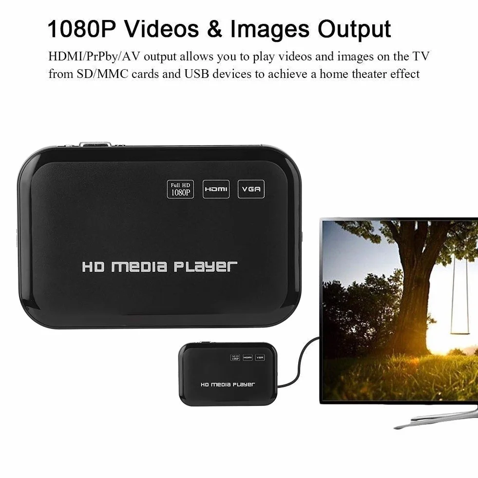 Mini Full HD 1080P Multi Media Player Uscita HDMI/AV, Lettore video audio HD con telecomando e cavo AV, Supporta MMC/SD/MS/SDHC(EU)