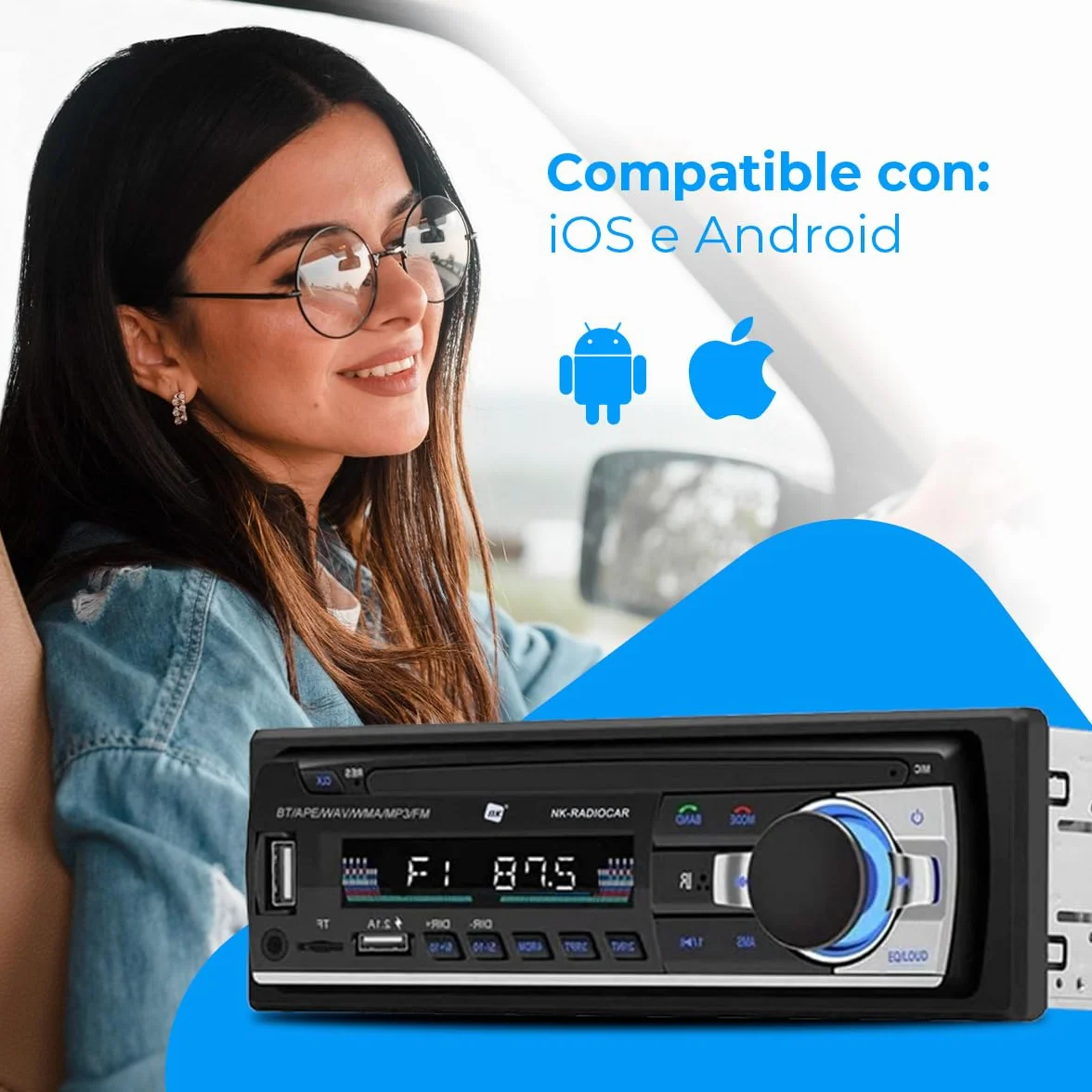 NK Autoradio Bluetooth 4.0 - 1 DIN - 4x40W - Funzione AUX, lettore MP3 e doppia porta USB, suono stereo FM, chiamate in vivavoce, telecomando, display LCD, iOS e Android
