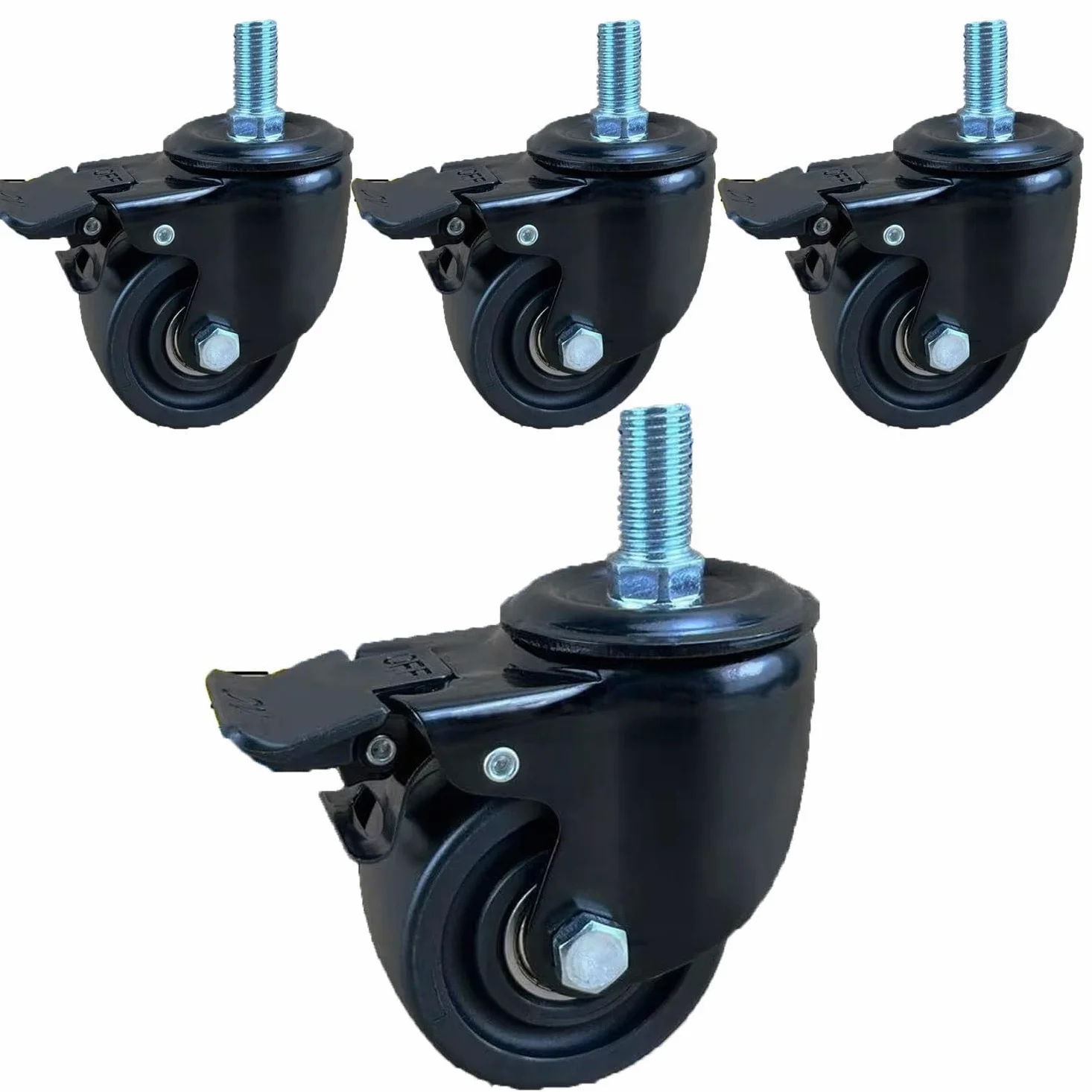 Set di 4 ruote girevoli resistenti, 75 mm, con stelo filettato M14, M16, M20, silenziose, in nylon, per uso industriale, rotazione a 360°, sistema frenante incluso