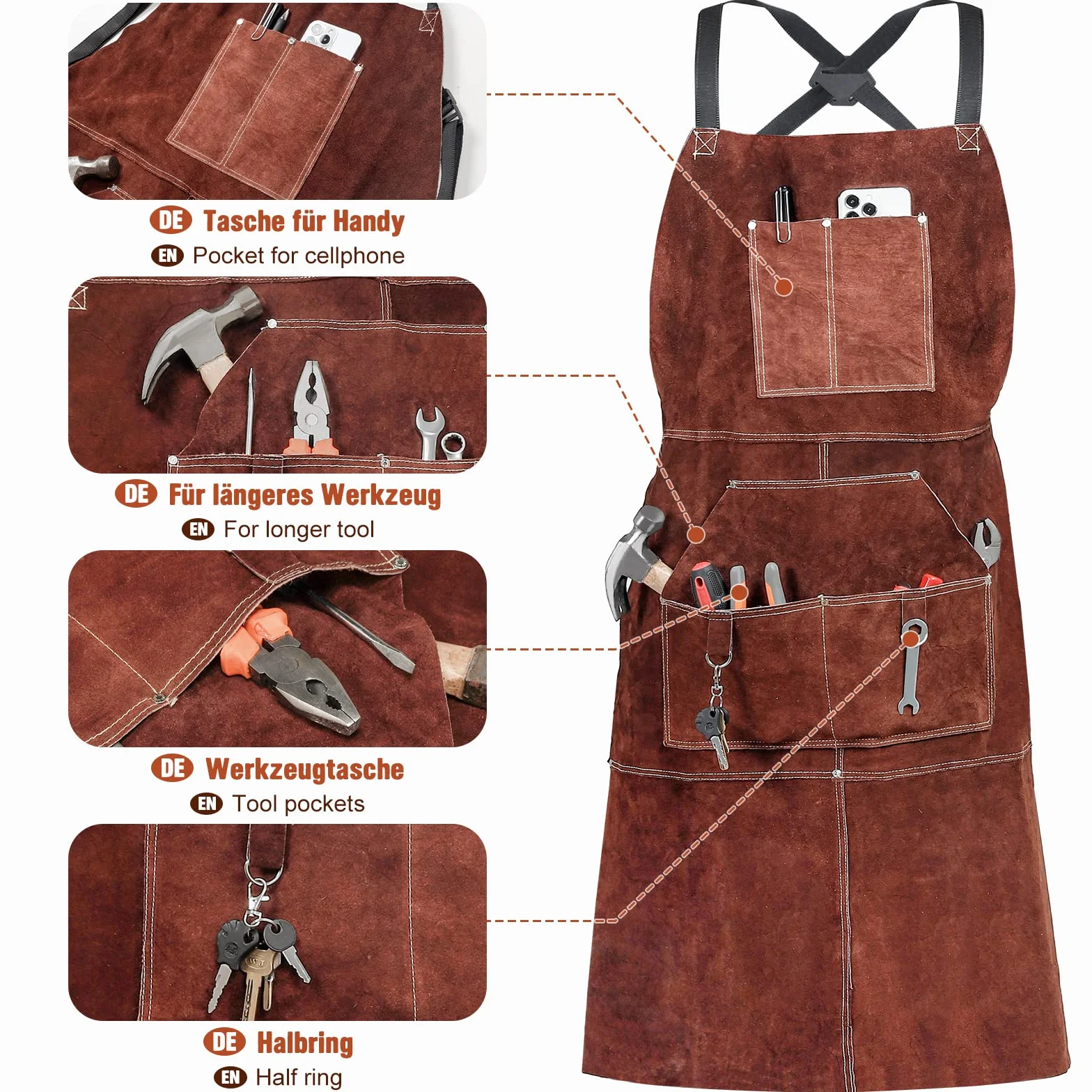 Yorbay Grembiule da Saldatura in Pelle con 5 Tasche e Spalline Regolabili, Resistente al Calore Ritardante di Fiamma Grembiuli per Utensili, per Fabbro, Falegname