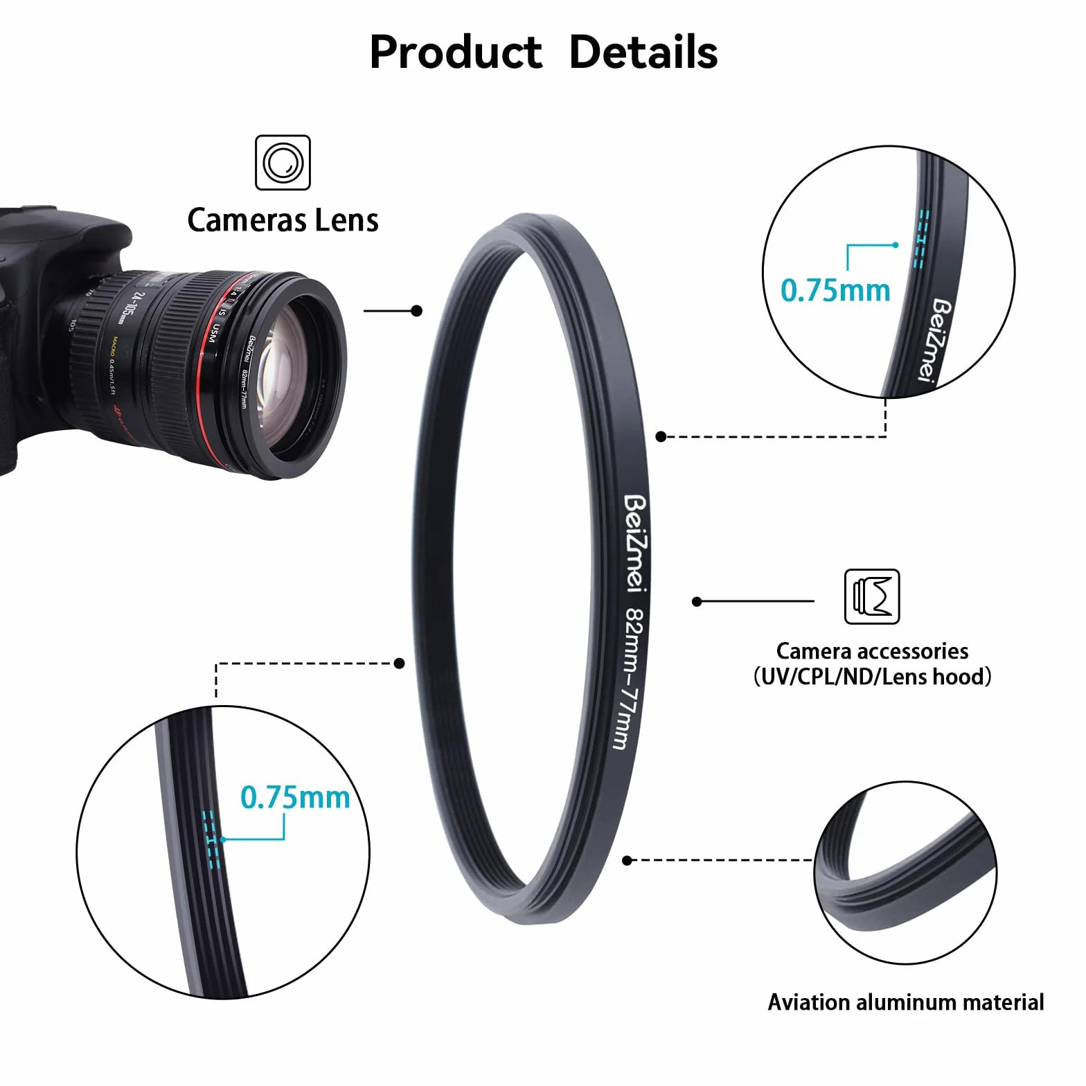 82mm a 77mm Anelli Adattatore Filtro Lente Compatibile con tutte 82mm le Obiettivo a 77mm UV ND CPL filtro,82mm lens to 77mm Filtro Ring