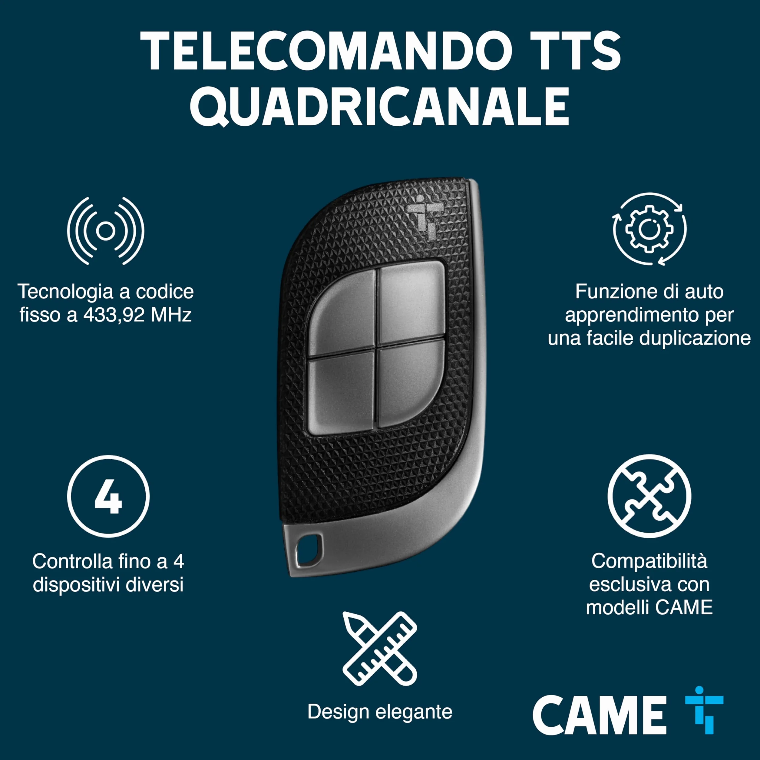 CAME TTS Telecomando Quadricanale 433,92 MHz 4 Pulsanti Codice Fisso Nero Grigio
