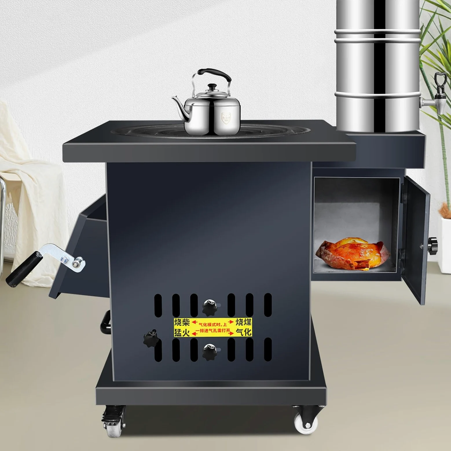 Stufe a Legna da Interno con Forno si Riscalda Rapidamente Combustione a Gassificazione Regolabile, Completamente Saldato Senza Fumo Stufa a Legna, per Riscaldare e Cucinare