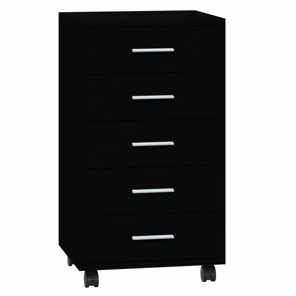 Cassettiera con ruote, in legno nero, 5 cassetti, per ufficio e casa, 33 x 38 x 63 cm