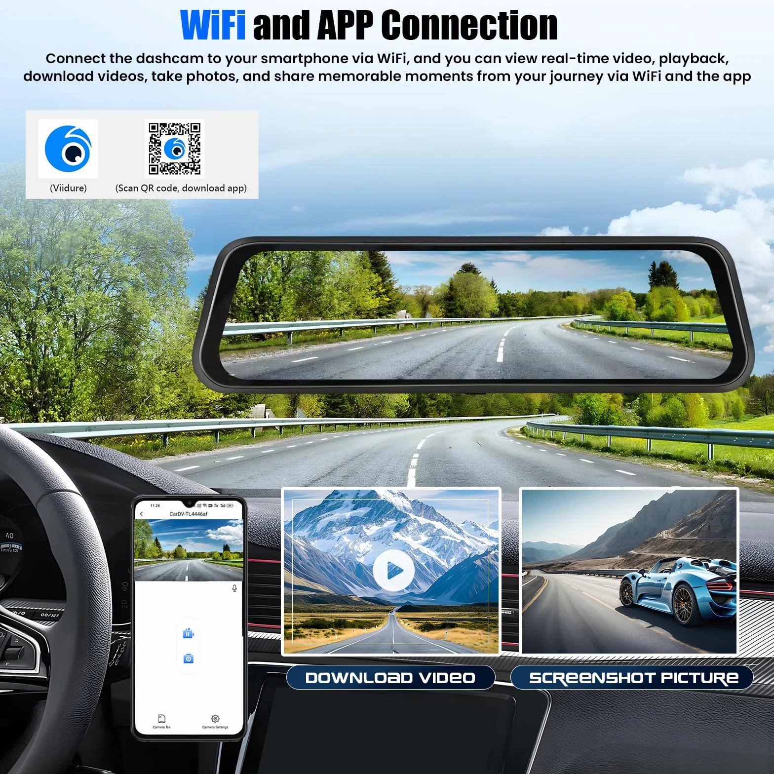 CAMECHO Mirror Dash Cam Schermo da 9.66 pollici 2K, Dashcam con TRE Telecamere: Anteriore/Interna/Posteriore -WiFi registrazione loop/sensore di gravità/assistenza al parcheggio