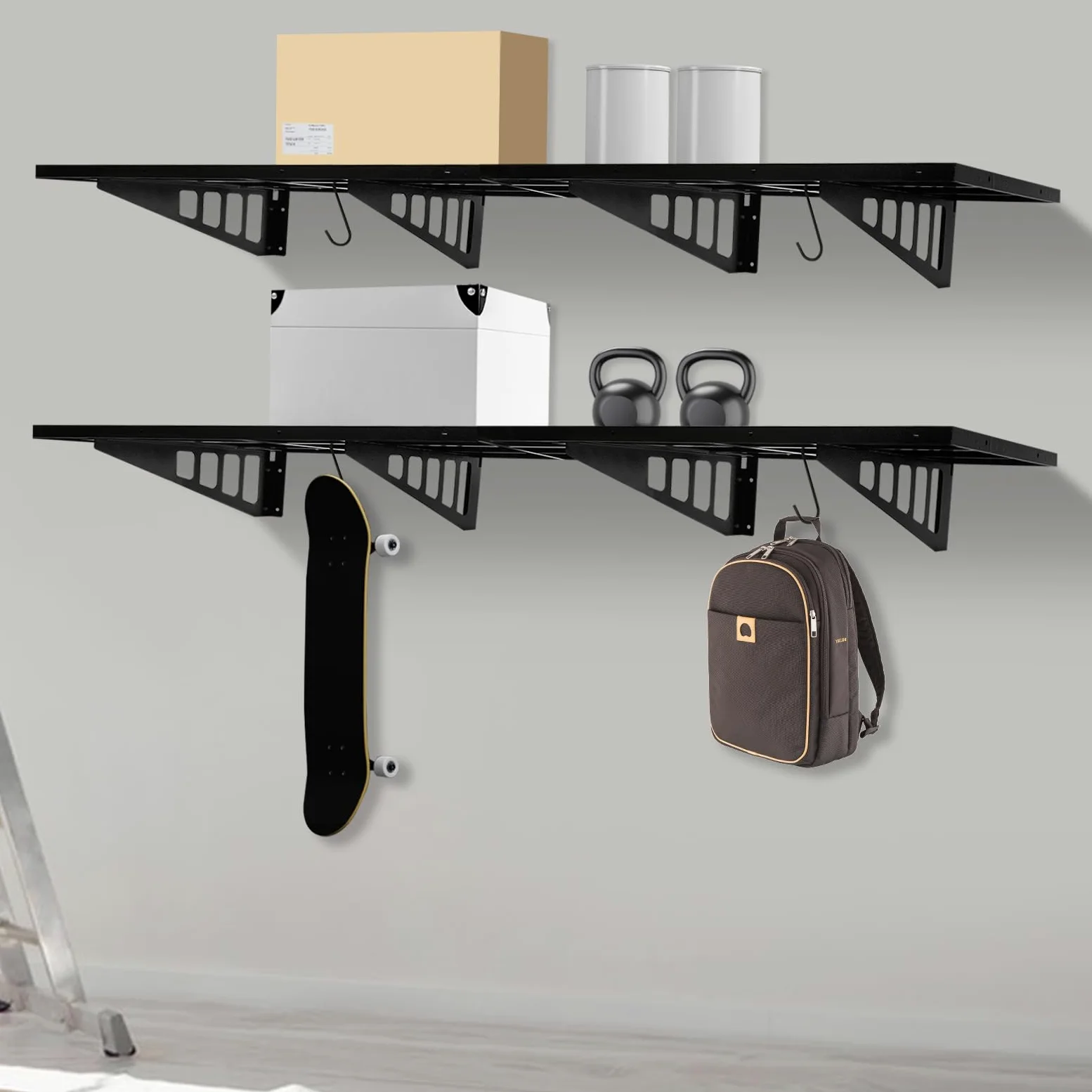 Scaffale da Parete per Garage, Confezione da 2, con 4 Ganci, capacità di carico di 560 libbre (Totale) (Nero, 72" x 24"/ciascuno)
