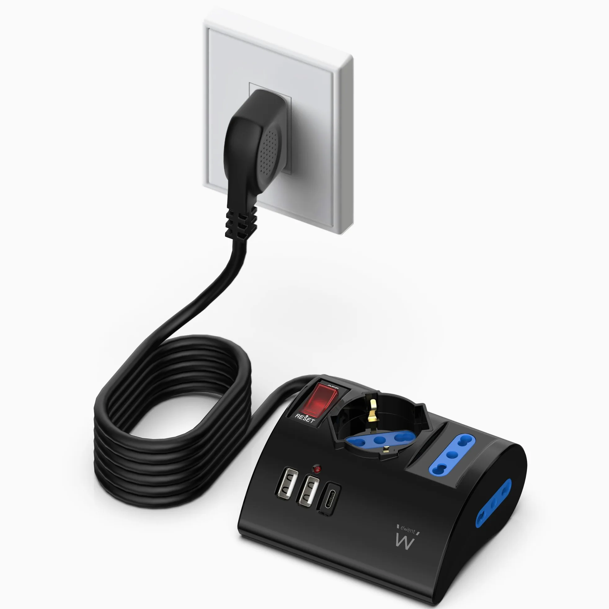 Ewent Multipresa da scrivania/tavolo con 3 Prese 10/16A e 2 porte USB-A e 1 porta USB-C, Interruttore ON/OFF, 3500W, Protezione da Sovraccarico,Spina IT10A e cavo da 2mt,Nera, 3 prese (2ITA/Schuko)
