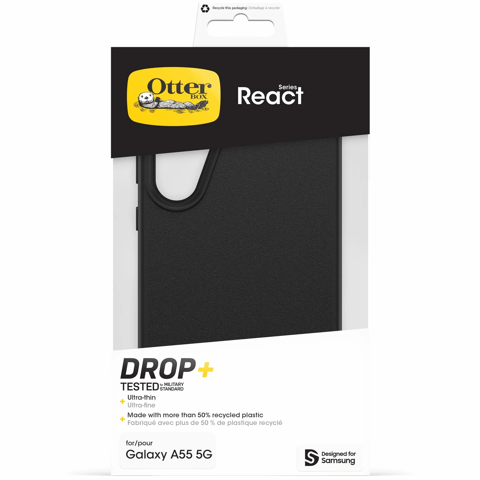 Cover per Samsung Galaxy A55 5G OtterBox React Series, resistente a shock e cadute fino, cover ultrasottile, testata a norme MIL-STD 810G, Nero
