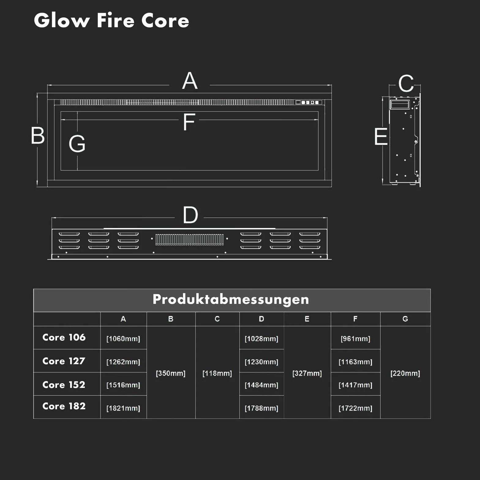 GLOW FIRE Camino elettrico Core 127 LED 3D, 1800 W, 127x35x12 cm, parete, controllo app