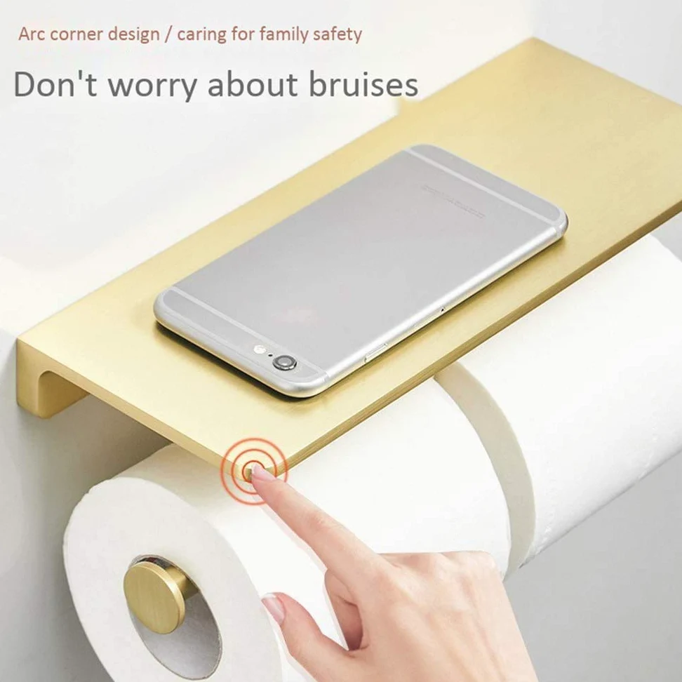 Portarotolo doppio in ottone spazzolato con mensola, dispenser per carta igienica da parete per bagno e cucina, elegante porta rotolo con ripiano per telefono, facile installazione