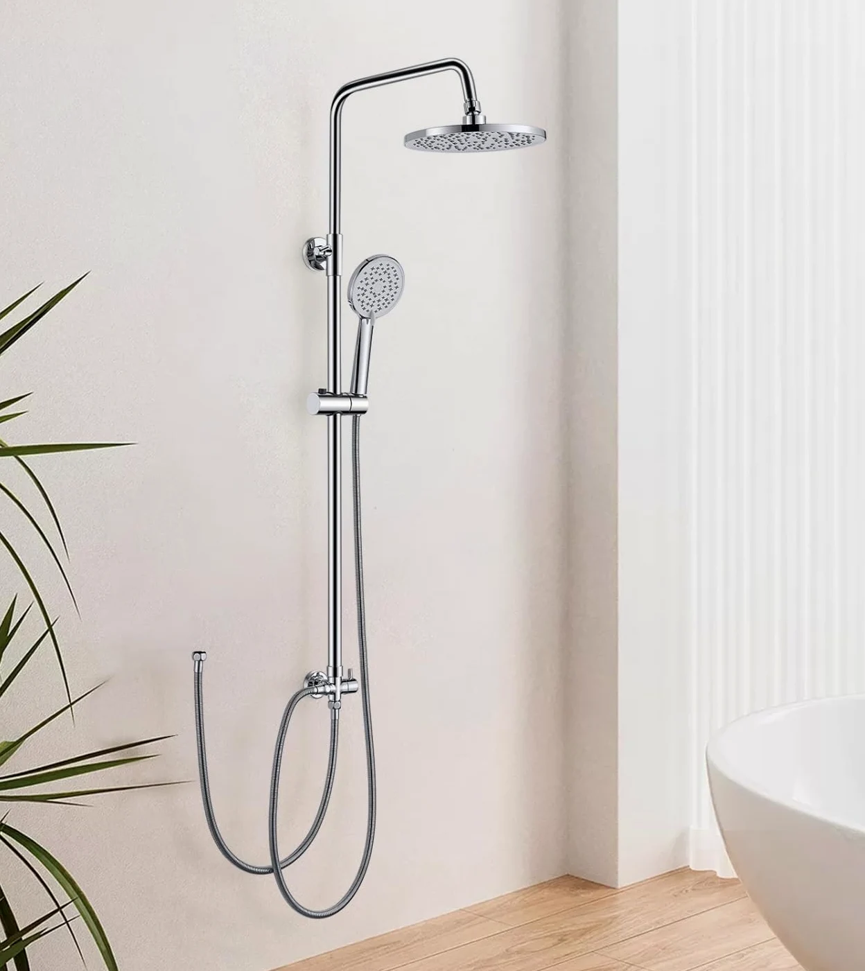 Kit asta doccia in acciaio inox, asta doccia e soffione senza rubinetto, 21 x 21 cm, soffione a pioggia e soffione portatile, cromato