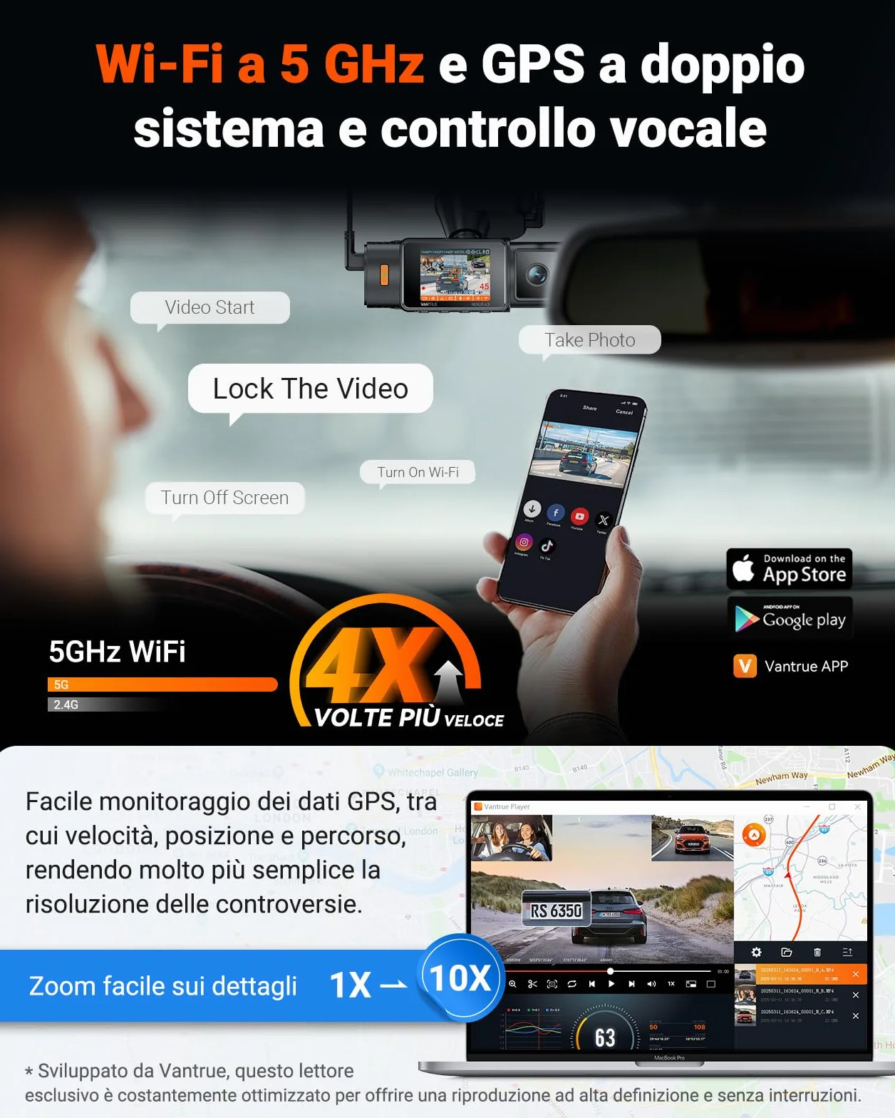 VANTRUE N4S Tripla Dashcam Auto 2.7K+2.5K+2.5K Anteriore Interno Posteriore, 5GHz WiFi GPS Camera Infrarosso, 3 Canuax HDR 360 Gradi, Controllo Vocale Francese, 10s Pre-Registrazione, Max 1 TB