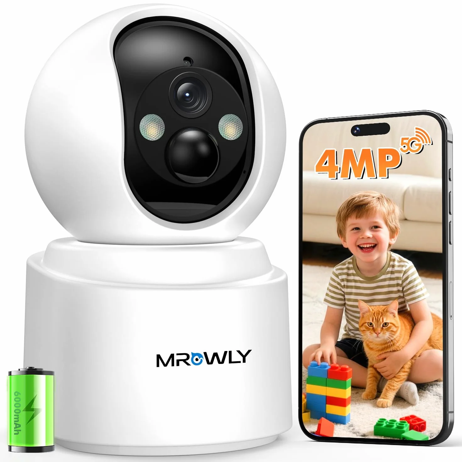 4MP 2,5K Telecamera WiFi Interno Senza Fili con Batteria 6000mAh, Rotazione 360°, Wi-Fi Dual Band 2,4/5 GHz, Rilevamento PIR, Visione Notturna a Colori, Audio Bidirezionale, Senza Forare