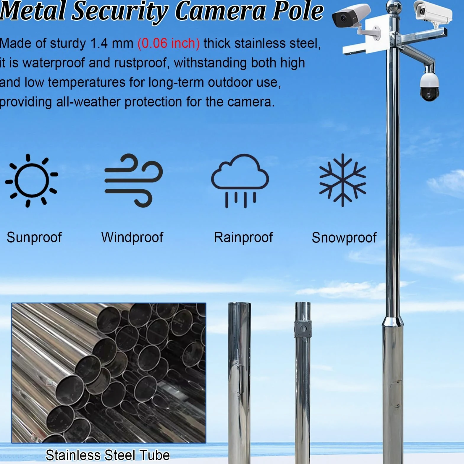 Supporto per telecamera di sicurezza in metallo per esterni, supporto di sorveglianza per telecamere a cupola/pistola, colonna universale per monitor per pollaio, capannone da fienile, 3 m
