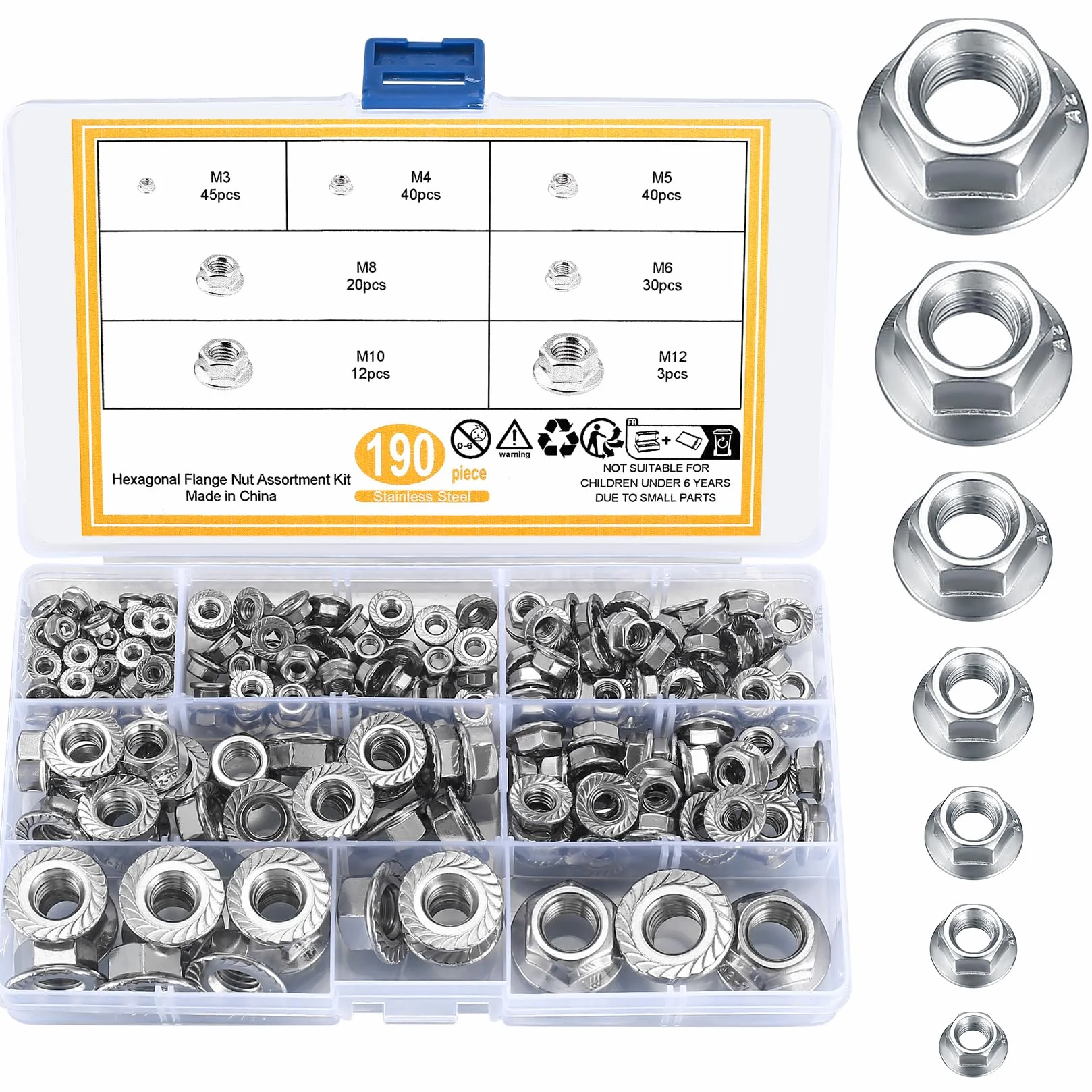 Kit Dado Flangiato Esagonale Acciaio Inox M3 M4 M5 M6 M8 M10 M12 190 Pezzi