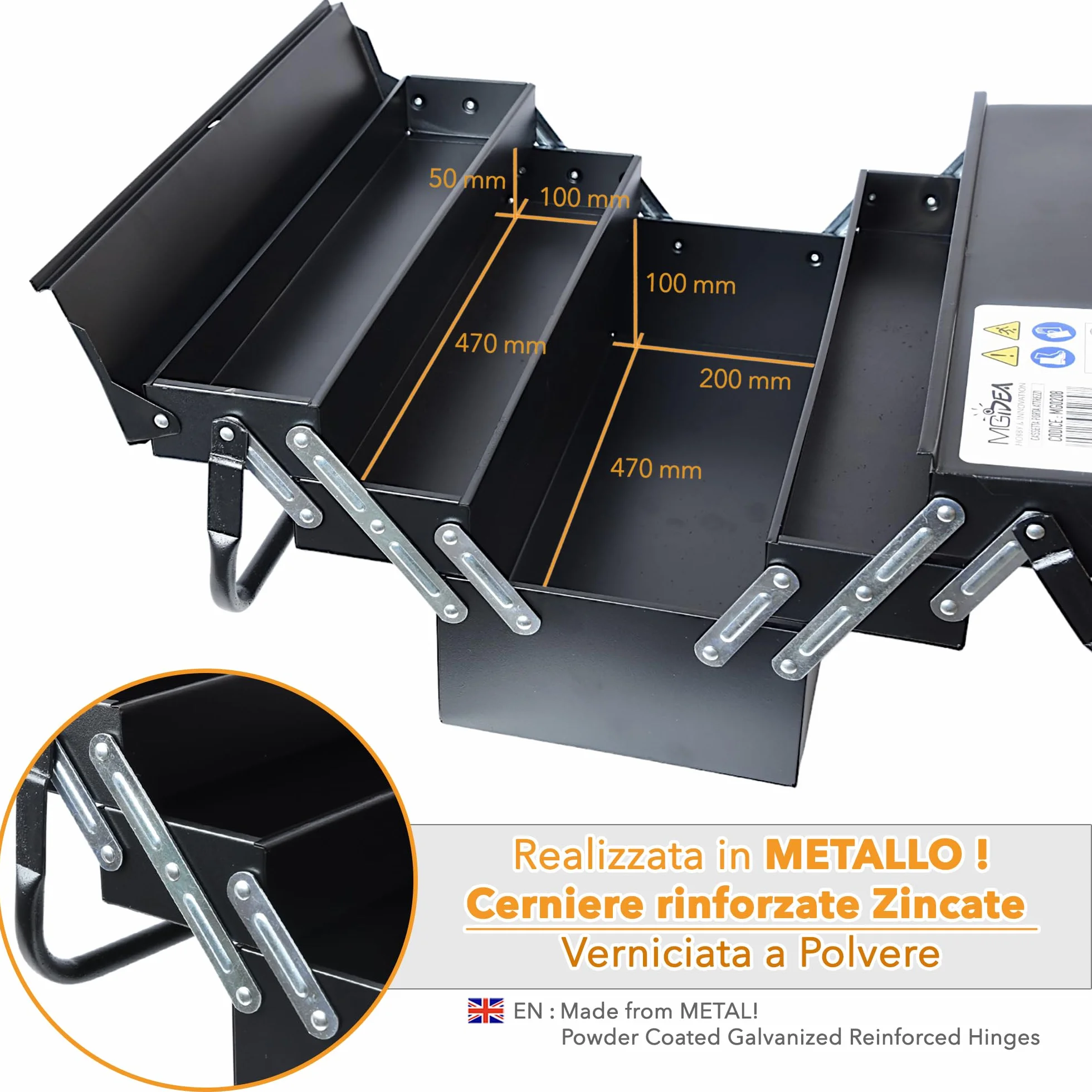 Valigetta porta attrezzi in metallo 5 scomparti acciaio nero opaco professionale 470x300x200 mm