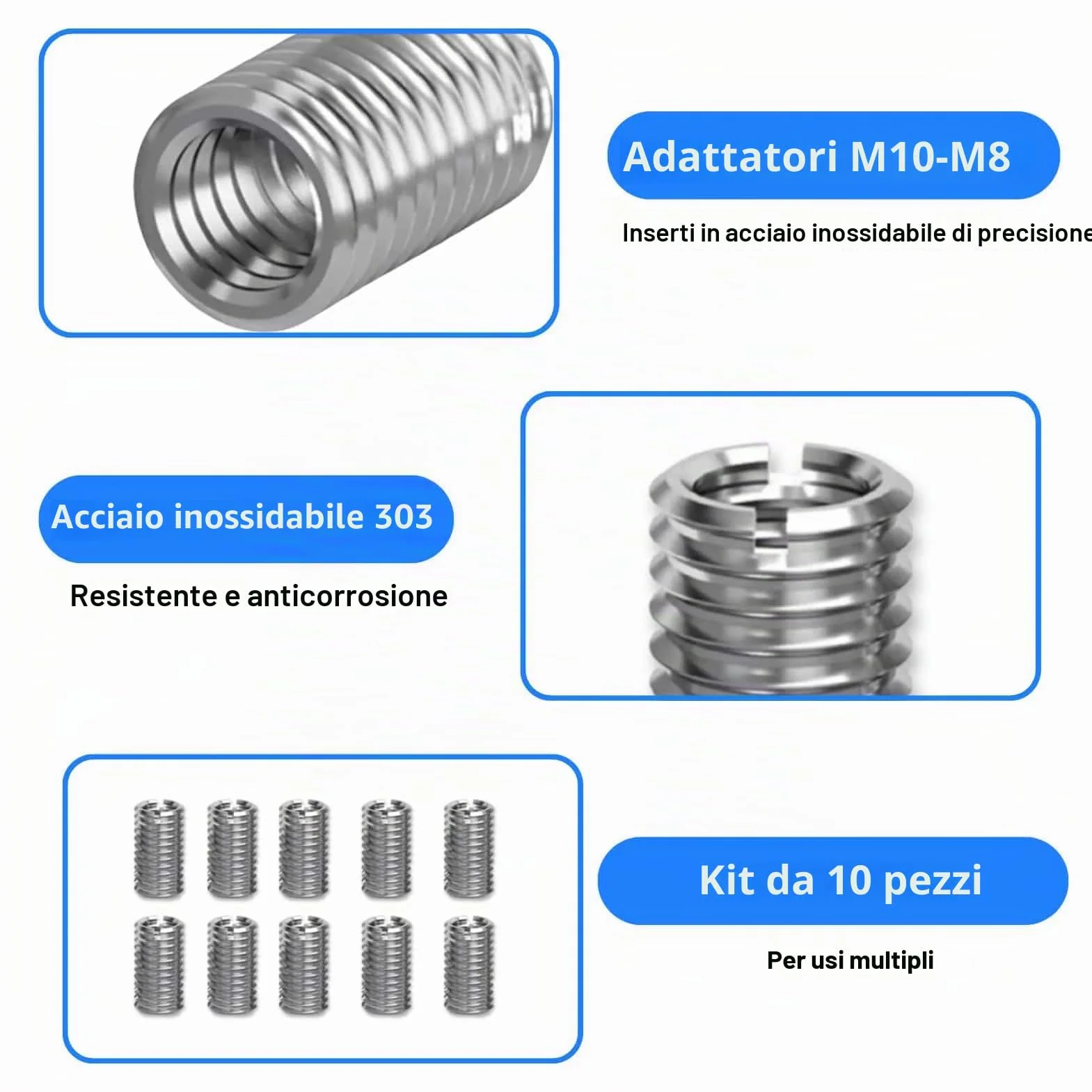 Inserti filettati M10 a M8, bussole filettate in acciaio inossidabile 15 mm, set riduzione filettatura