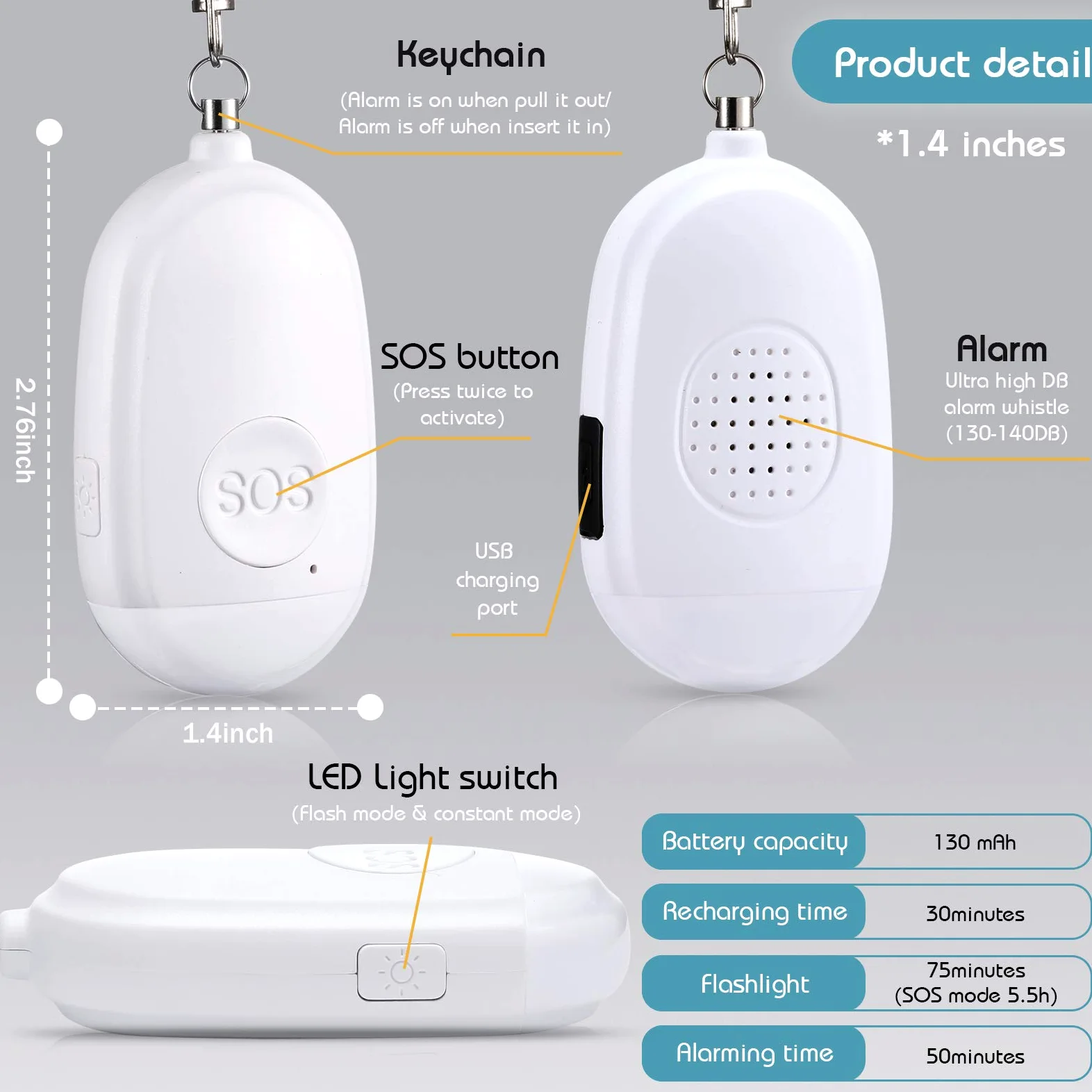 4 Pezzi Portachiavi di Allarme di Sicurezza Personale Portachiavi di Allarme 130 db Allarme di Sicurezza di Auto Sirena con Torcia a LED Ricaricabile USB per Donne Bambini Uomini Anziani
