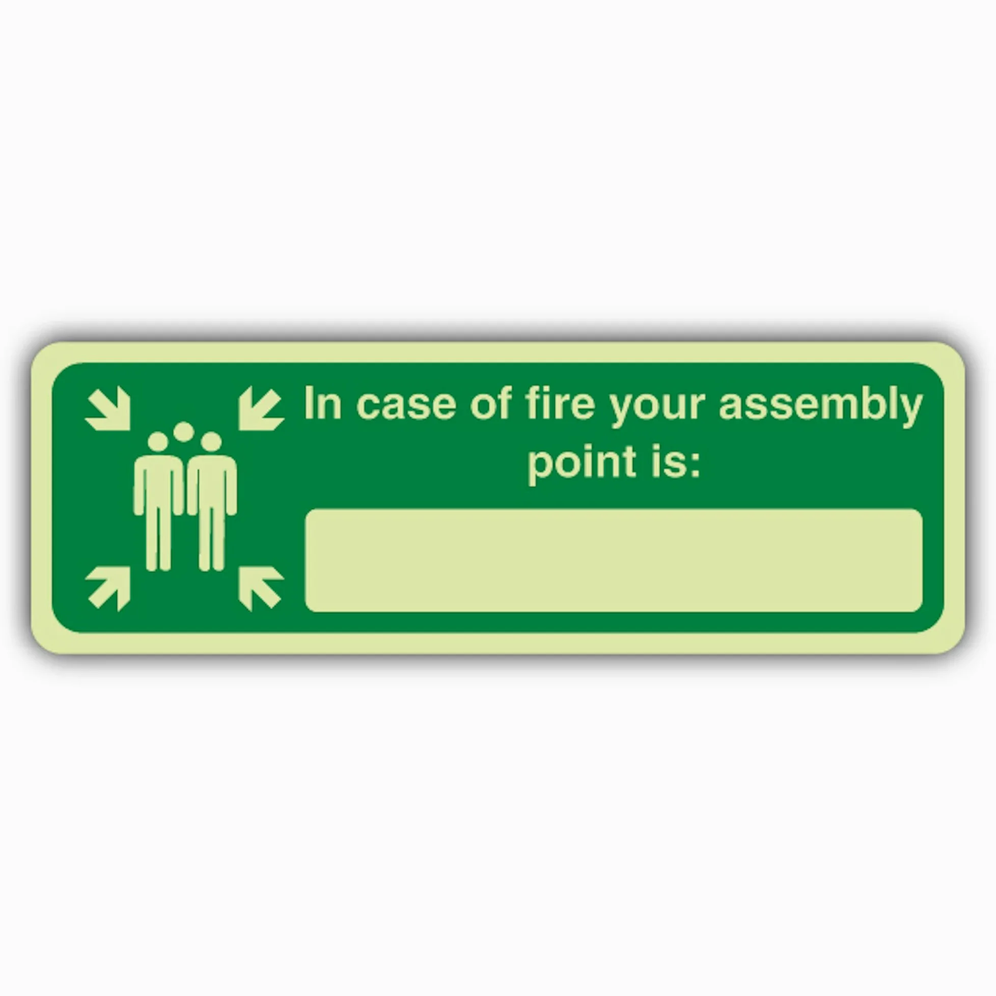 Cartello di sicurezza con scritta "V Safety Glow In The Dark In Case Of Fire Your Assembly Point Is – 600 x 200 mm – Realizzato in vinile autoadesivo a doppia luce – Segnaletica antincendio – Made in