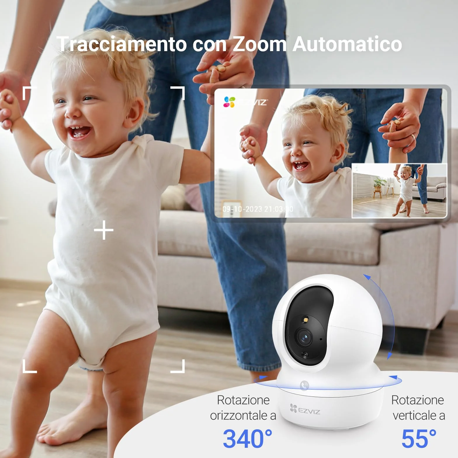 EZVIZ Telecamera Wi-Fi Interno 2K, Videocamera Sorveglianza 3MP per animali e bambini, Motorizzata a 360°, Audio a due vie, Funziona Alexa, Avvisi movimento, Visione notturna, Modello CP1