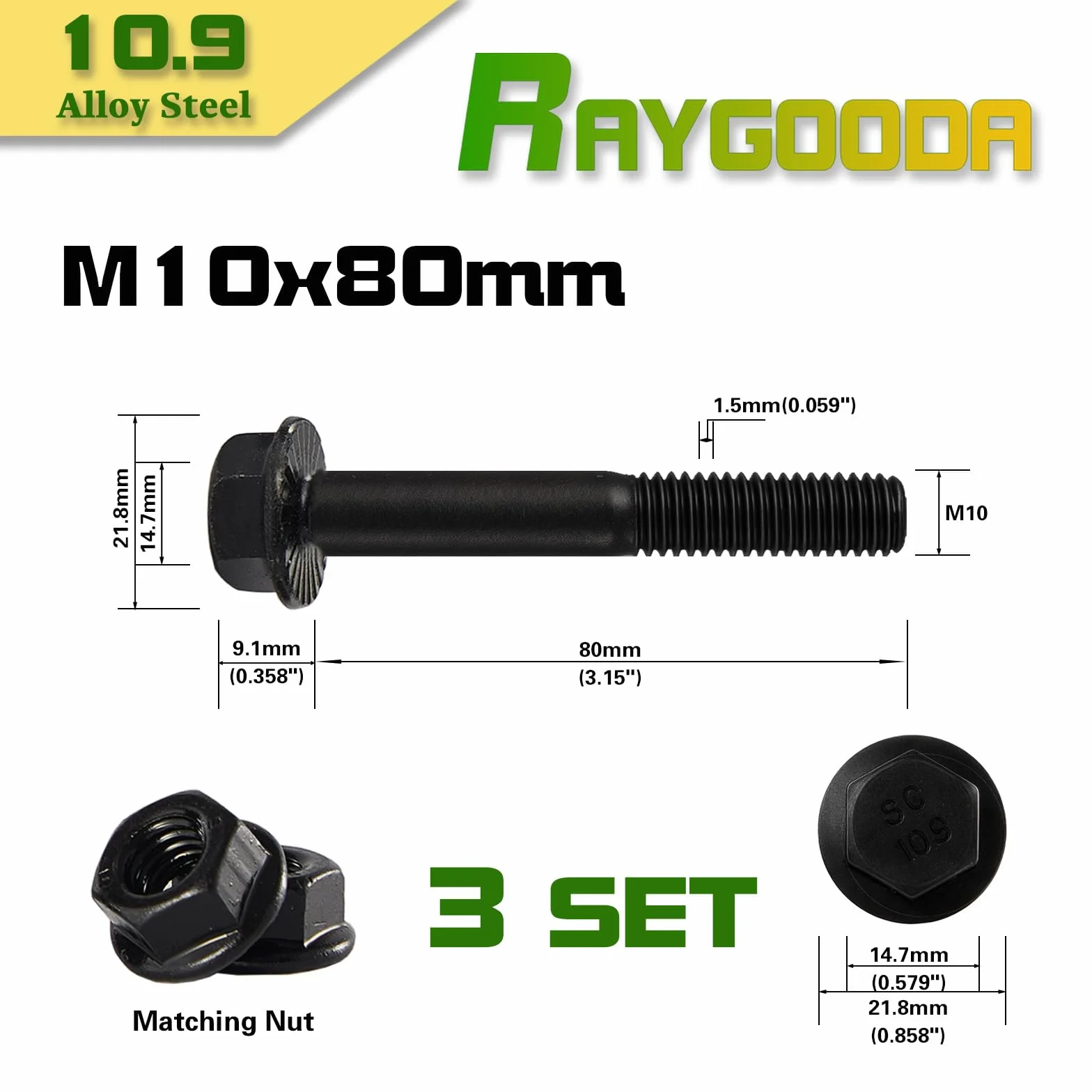 M10 1,5 x 80 mm viti a flangia con dado classe 10,9 acciaio in lega rivestimento zinco nero filettatura parziale autobloccante