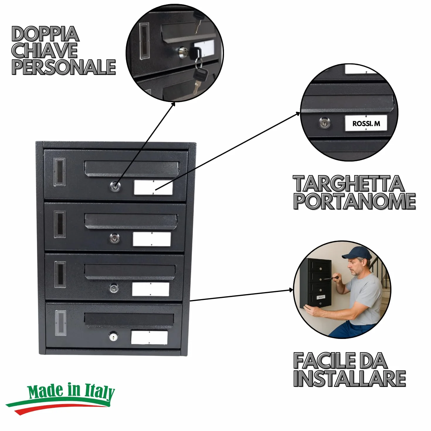 MOHOME Cassetta Postale Esterno Condominiale Antracite Ferro 4 Scompartimenti 30x17x42 cm Apertura Frontale Doppia Chiave