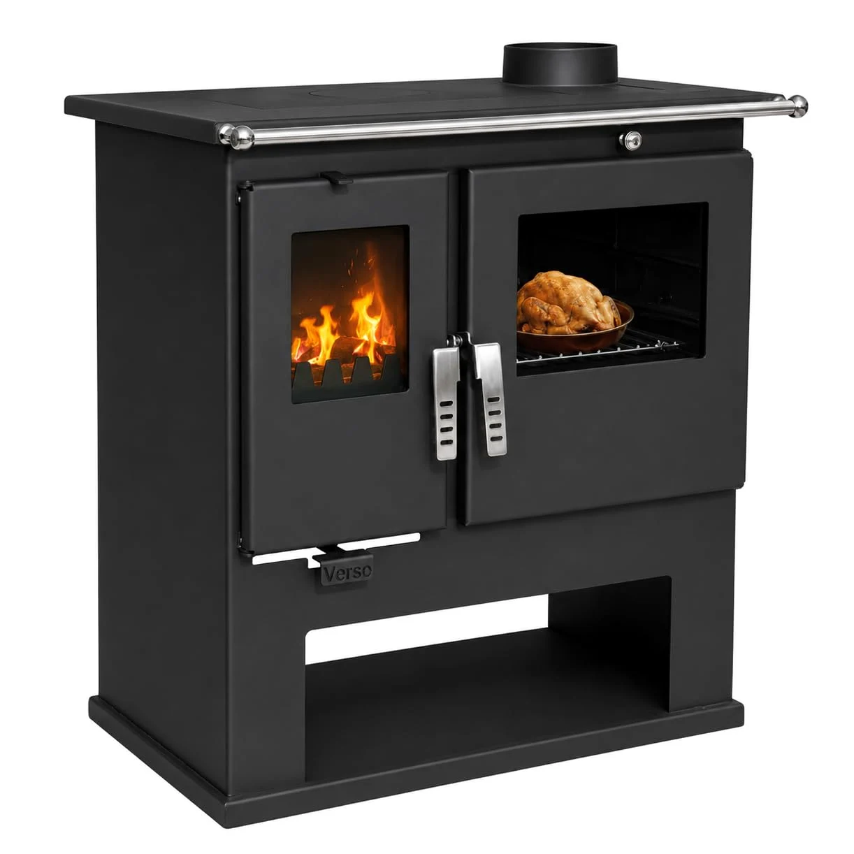Verso CS Stufa a legna con forno 7,7 kW, 82,2% di alta efficienza, corpo in acciaio robusto, piano cottura in metallo e forno con termometro, riscaldamento per camino per 135-165 m³, scarico fumo da