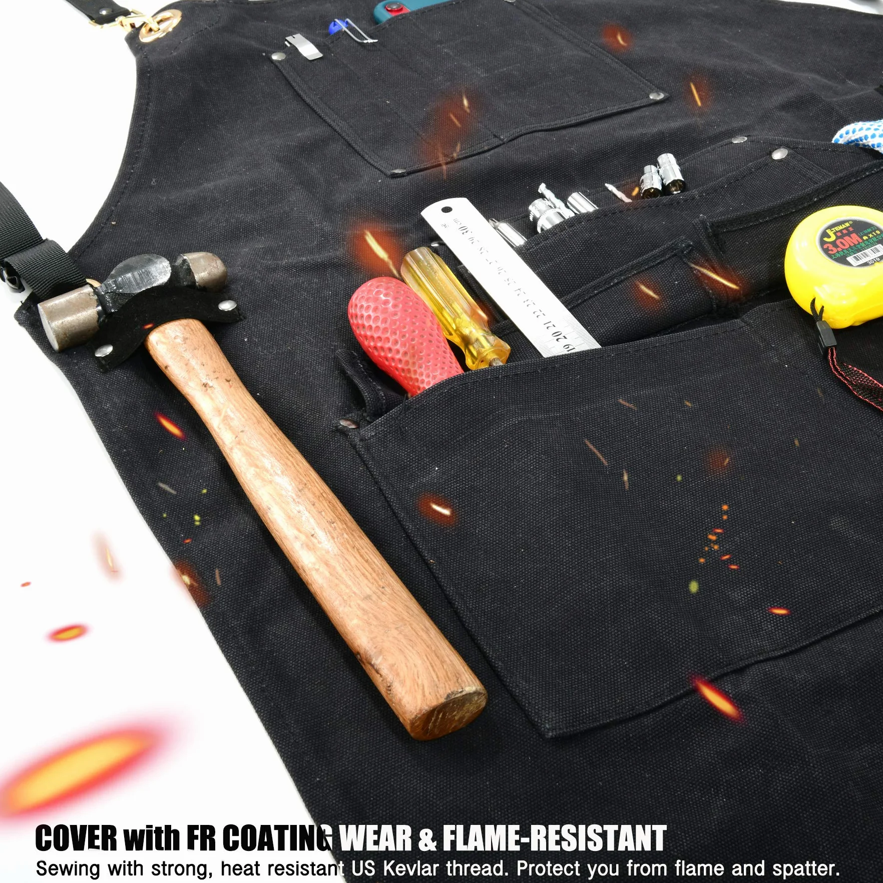 QeeLink Grembiule da Lavoro per Carpentiere con 10 Tasche, Grembiule Saldatura Tela Ignifugo con Cinturino Incrociato sul Retro, Grembiule Falegname Regolabile da M a XXXL per Artigiano e Officina