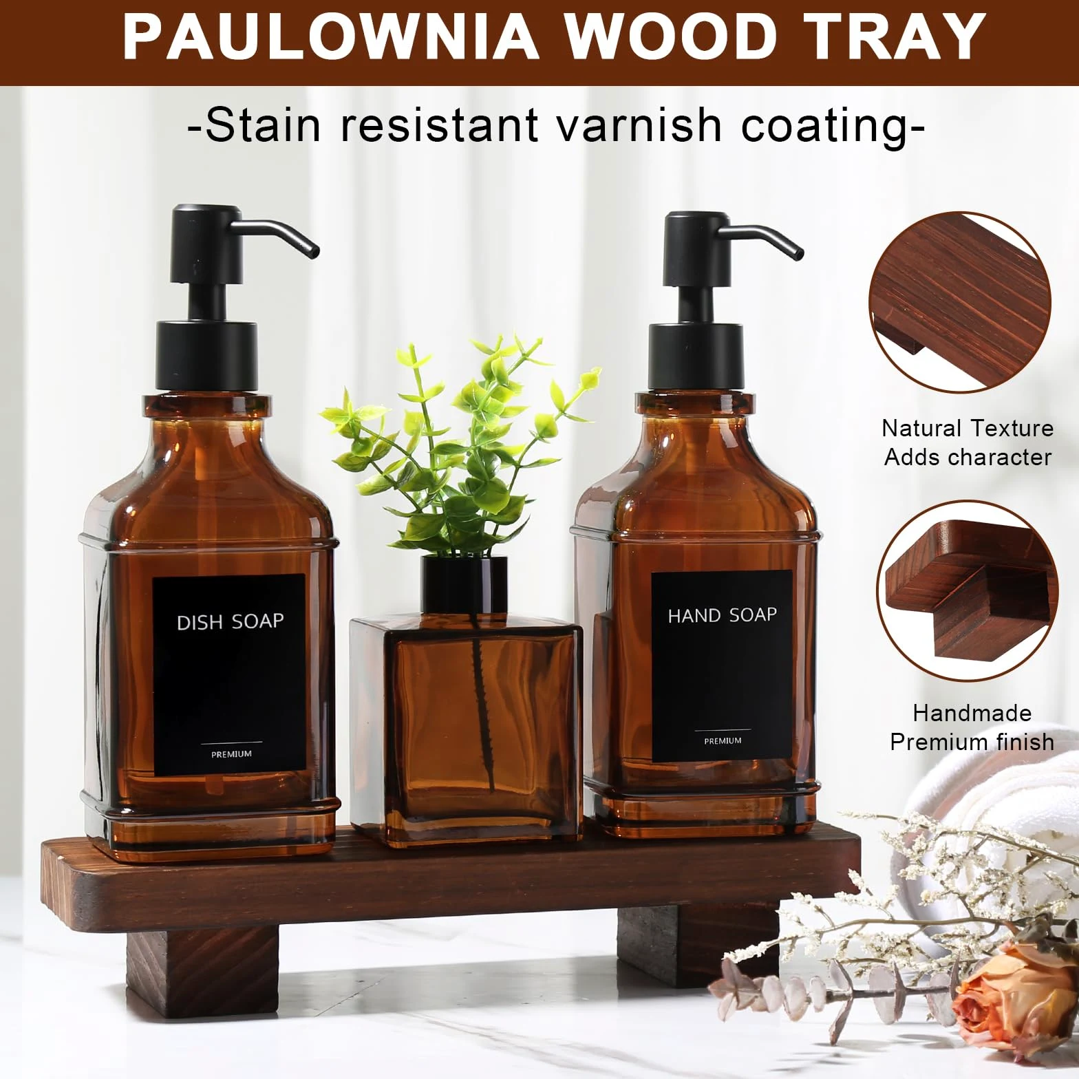 Moderno set di dispenser di sapone da cucina con vassoio in legno, dispenser di sapone in vetro ambrato con pompa, set di dispenser di sapone decorativo per mani e piatti, dispenser di sapone e