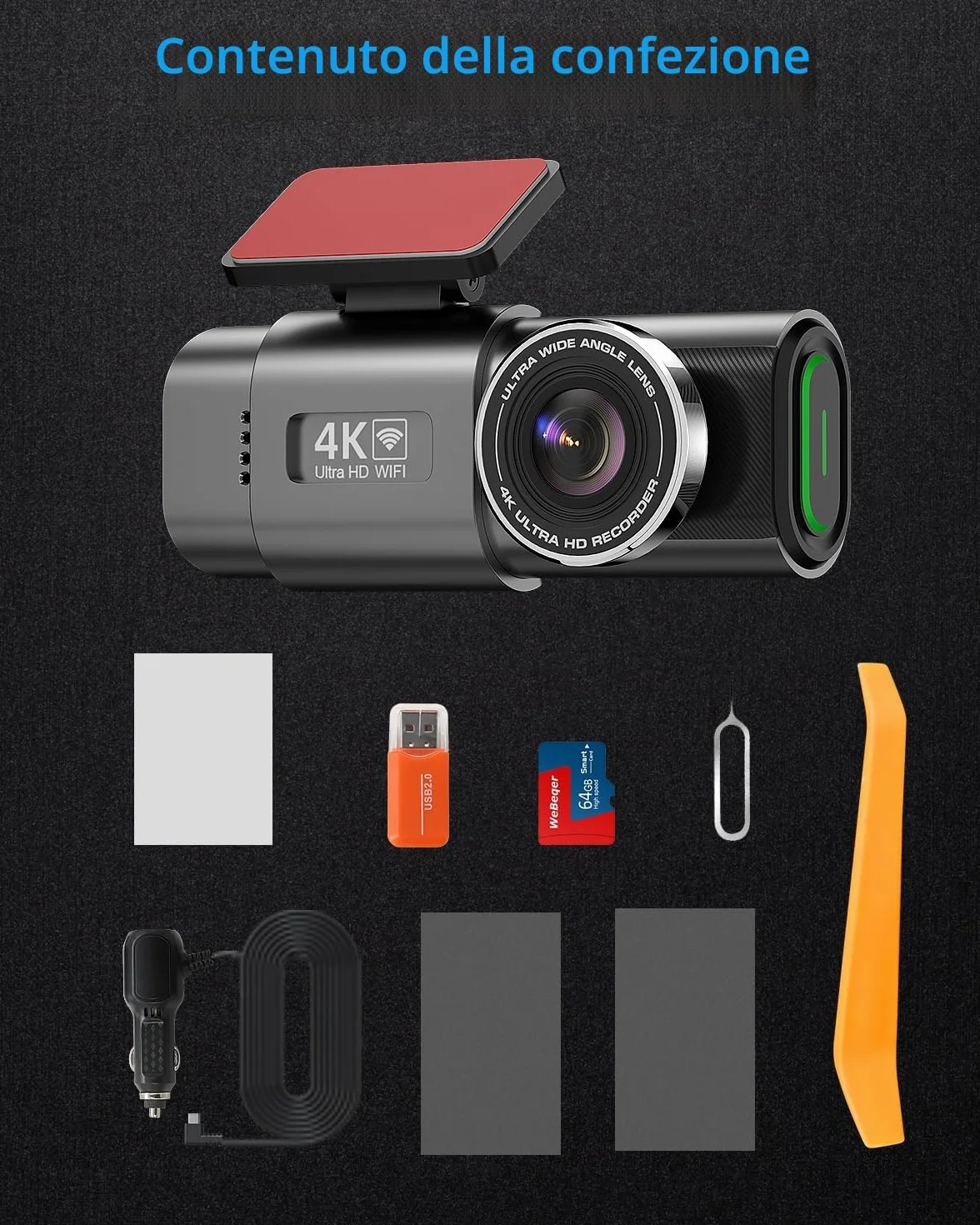 Telecamera WiFi per auto anteriore posteriore, 4K + 1080P per auto, controllo app con scheda SD da 64 G, visione notturna, sensore G, registrazione loop, WDR (Pollici, 1.47)