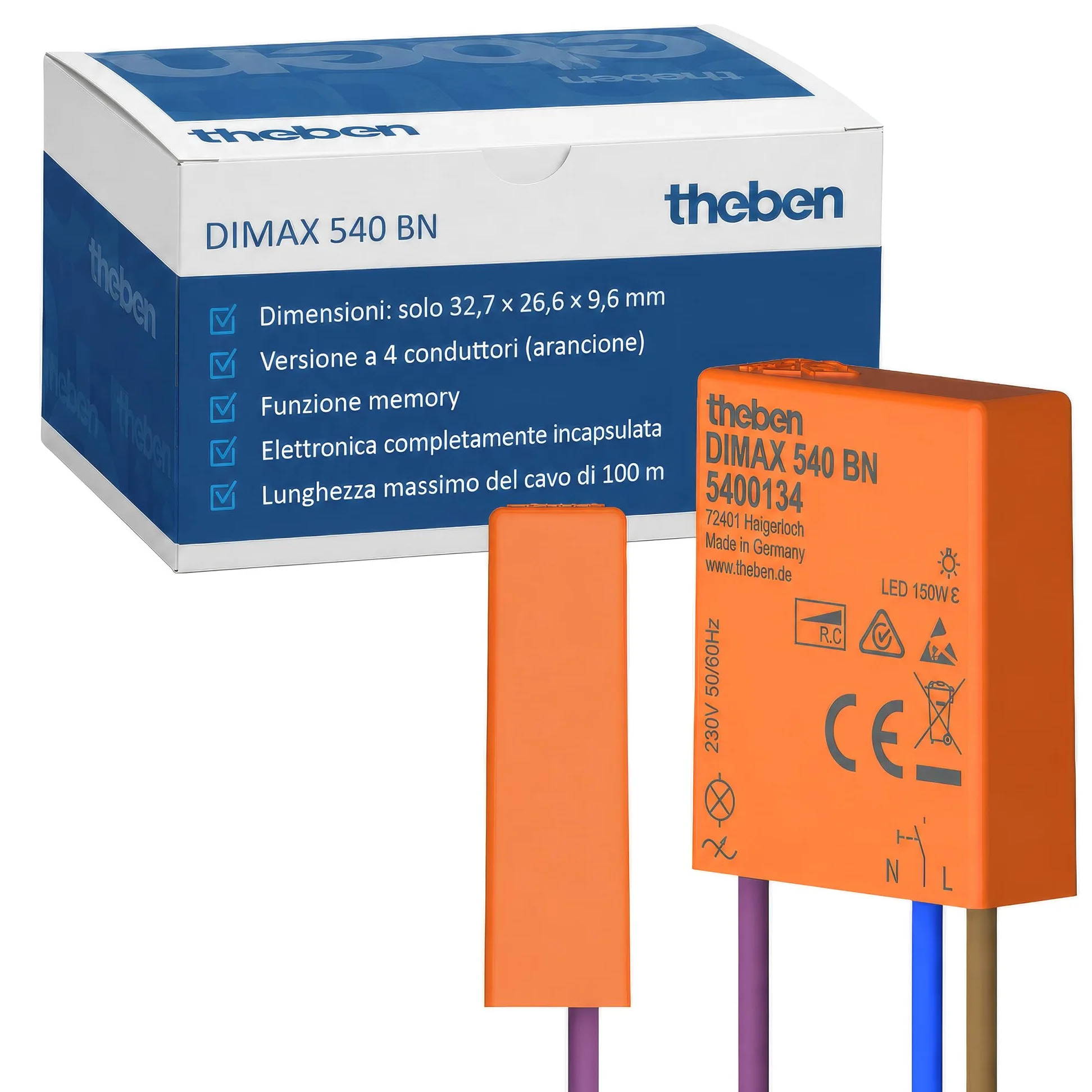 Theben 5400134 DIMAX 540 BN Mini dimmer universale da incasso | versione con 4 conduttori, 32,7 x 26,6 x 9,6 mm, lunghezza cavo fino a 100 m, funzione memoria