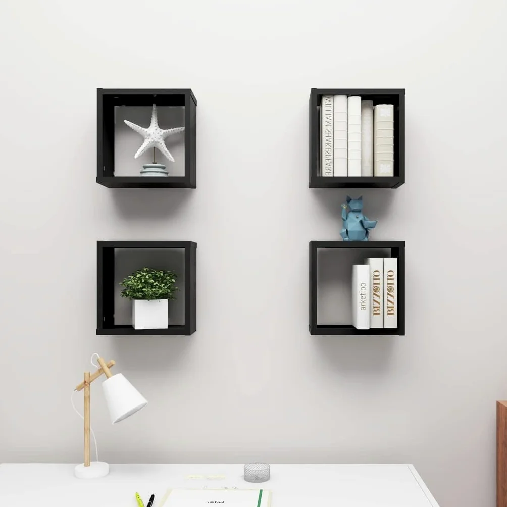 Scaffalature, mensole da parete e sporgenze, mensole cubiche da parete, 4 pezzi, nero, 30 x 15 x 30 cm