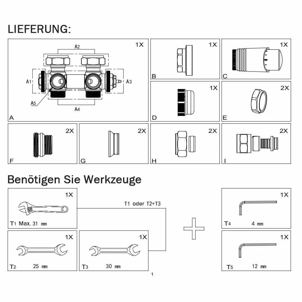 Set di radiatori multiblocco, valvola con termostato, forma angolare e forma passante, raccordi per valvola, attacco centrale, regolatore termostatico per termosifoni da bagno G 1/2" o G 3/4", 15