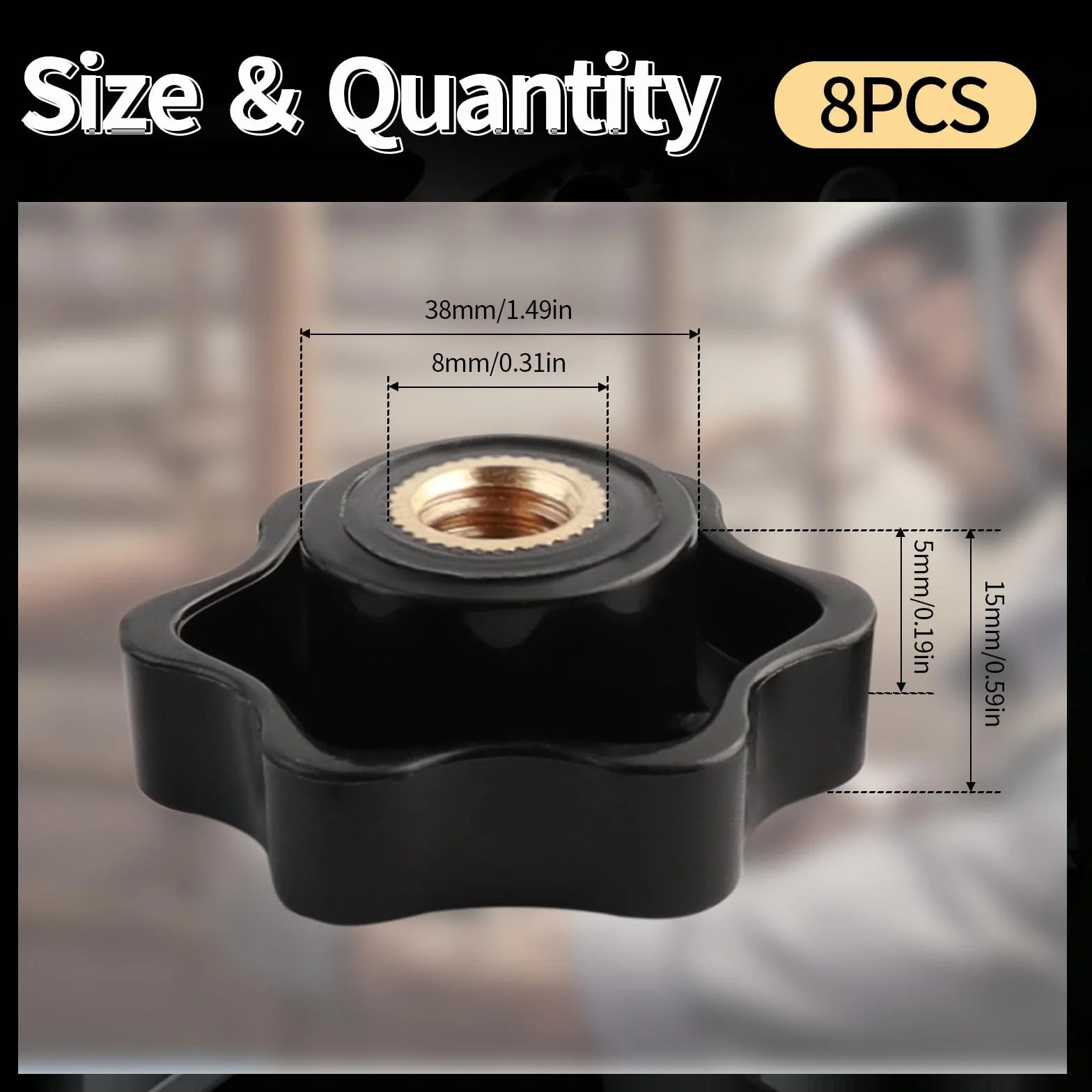 Dadi a stella M8 diametro esterno 38 mm plastica nera filettatura ottone per macchine utensili fitness