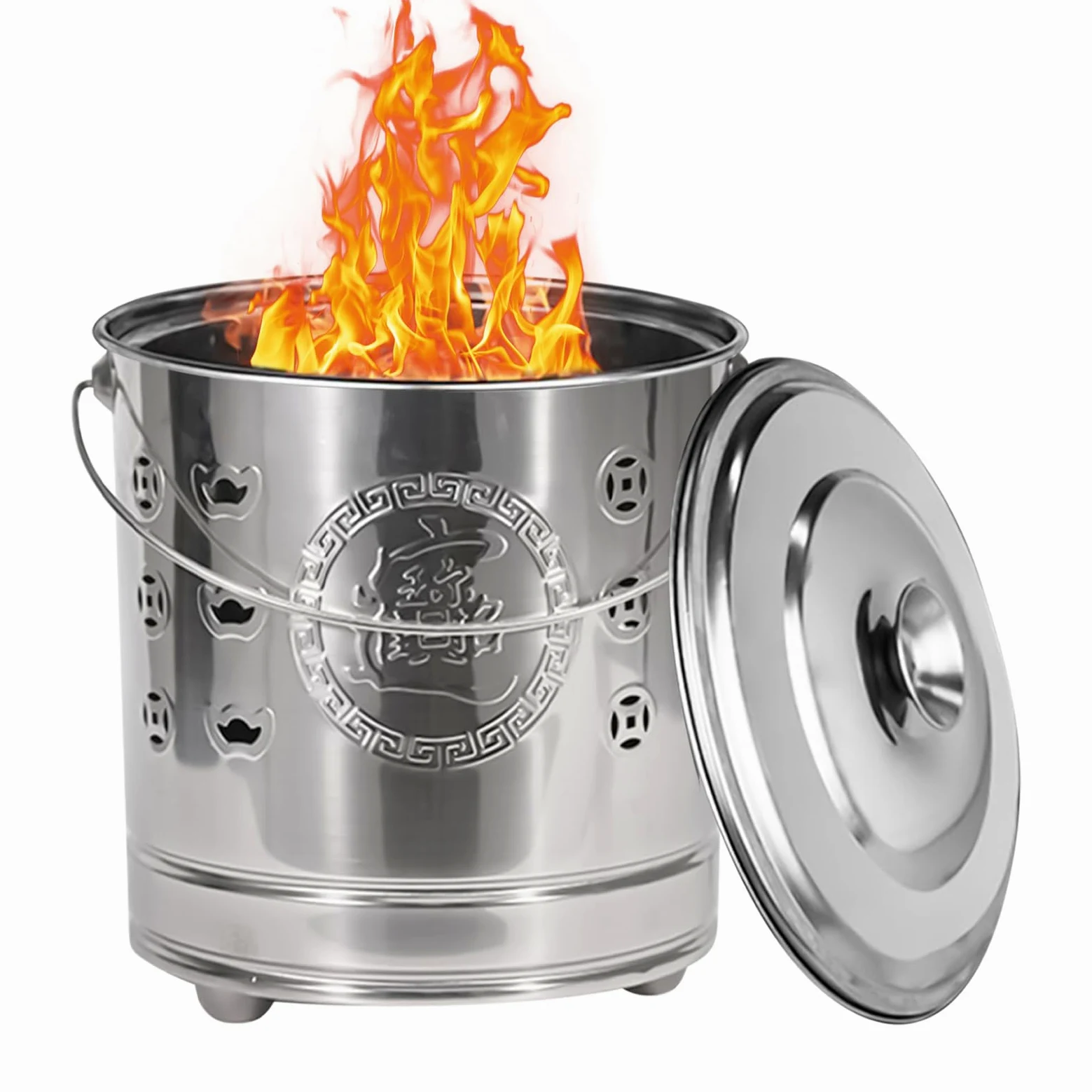 Barile Bruciatore Secchio Sicuro In Acciaio | Con Coperchio, Gancio Fuoco E Braciere Rivestito Per Rifiuti Da Giardino, Legna, Spazzatura, Falò, Braciere, Giardino, Patio