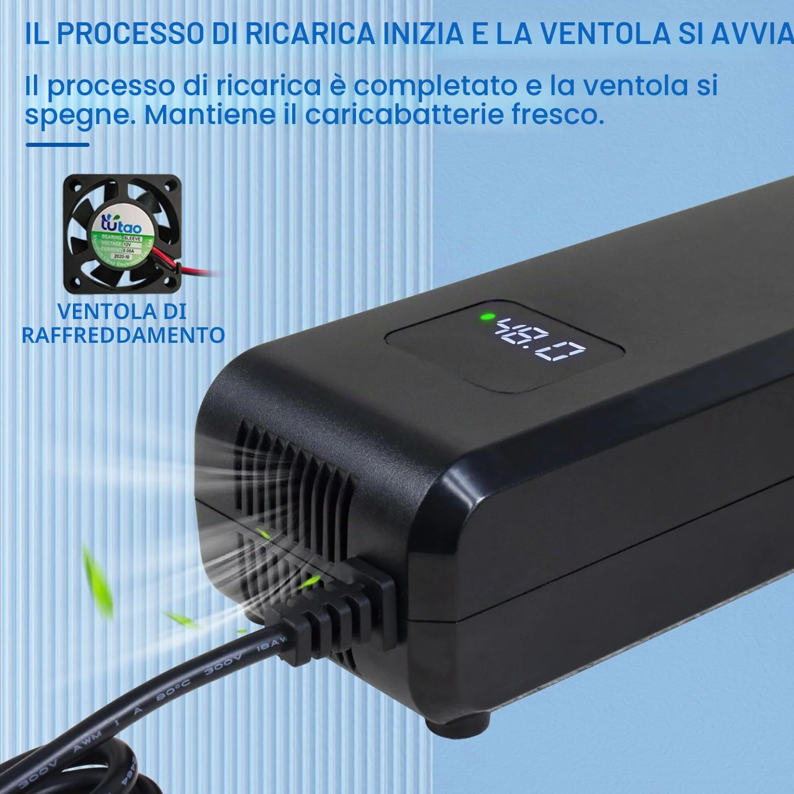 Caricatore per batteria al piombo-acido 48V 20Ah per veicoli elettrici, scooter elettrici, e-bike, caricabatterie AC-DC con display, connettore a 3 poli