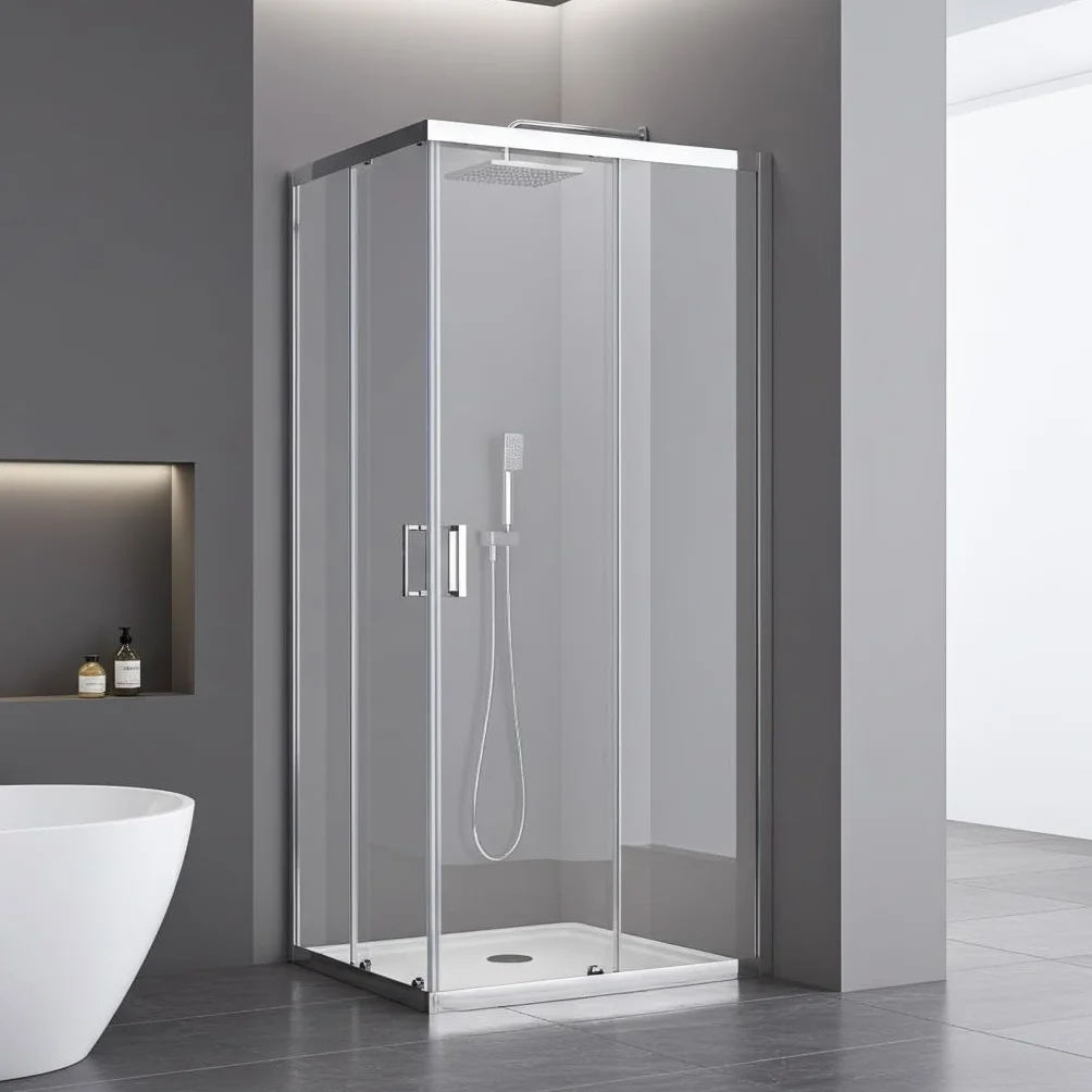 Box Doccia Angolare Vetro Temperato 6mm 2 Porte Scorrevoli Altezza 190cm 70x70 Cromati Chiusura Magnetica